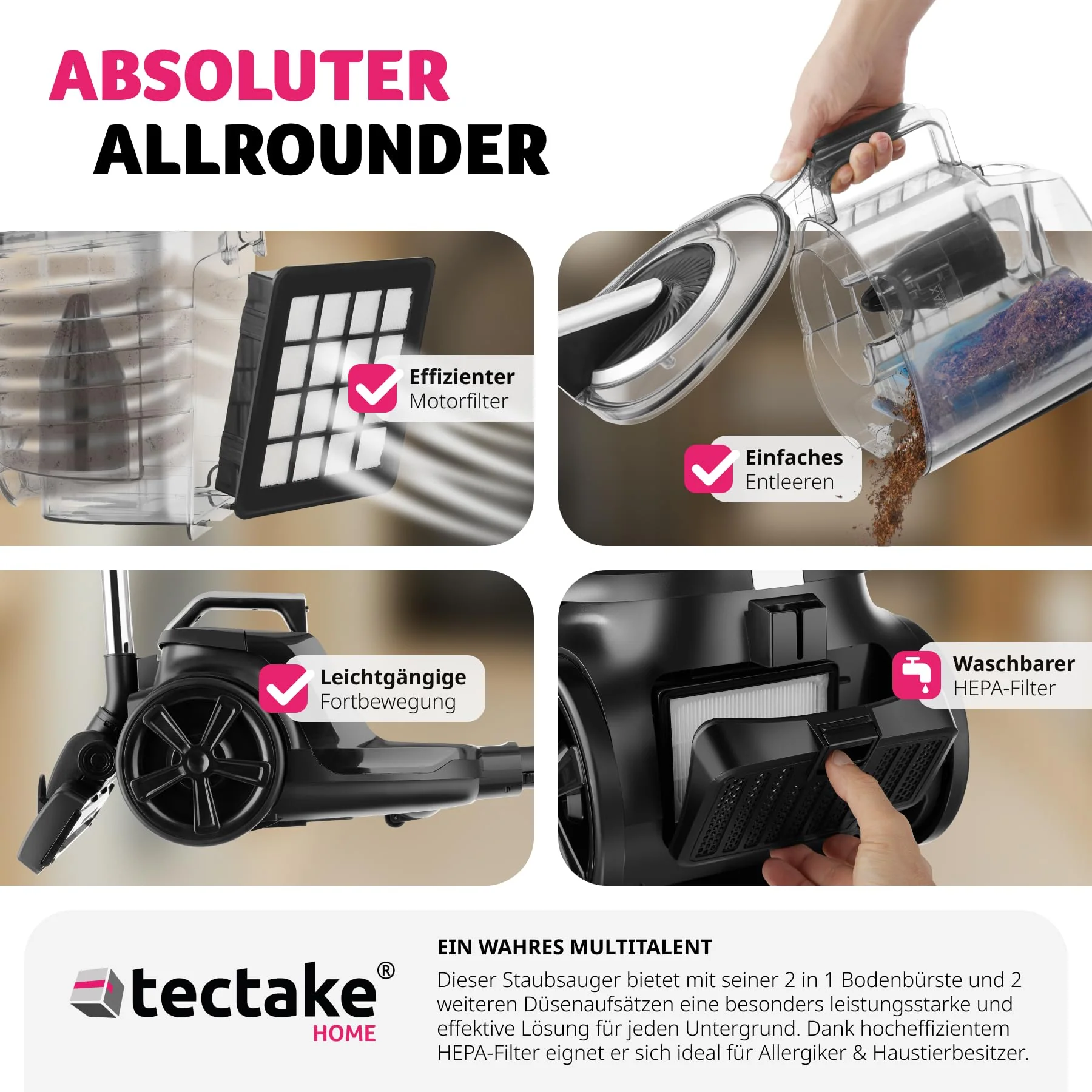 tectake® Staubsauger beutellos, VC900, 900 W, stark, beutelloser Bodenstaubsauger mit Kabel, für Tierhaare, Easy clean ohne Beutel für Teppichboden und Hartboden - Image 2