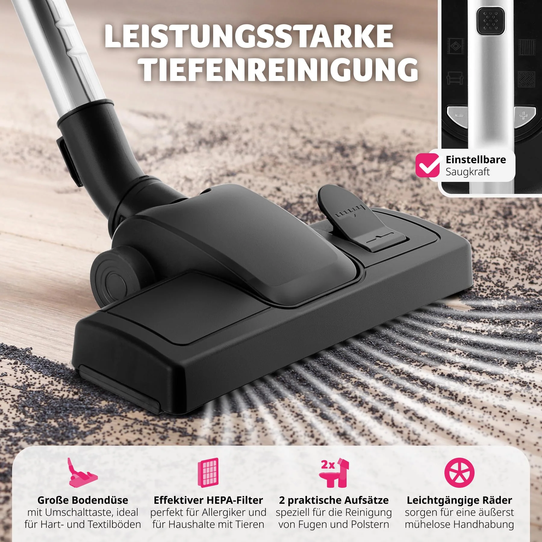 tectake® Staubsauger beutellos, VC900, 900 W, stark, beutelloser Bodenstaubsauger mit Kabel, für Tierhaare, Easy clean ohne Beutel für Teppichboden und Hartboden - Image 3