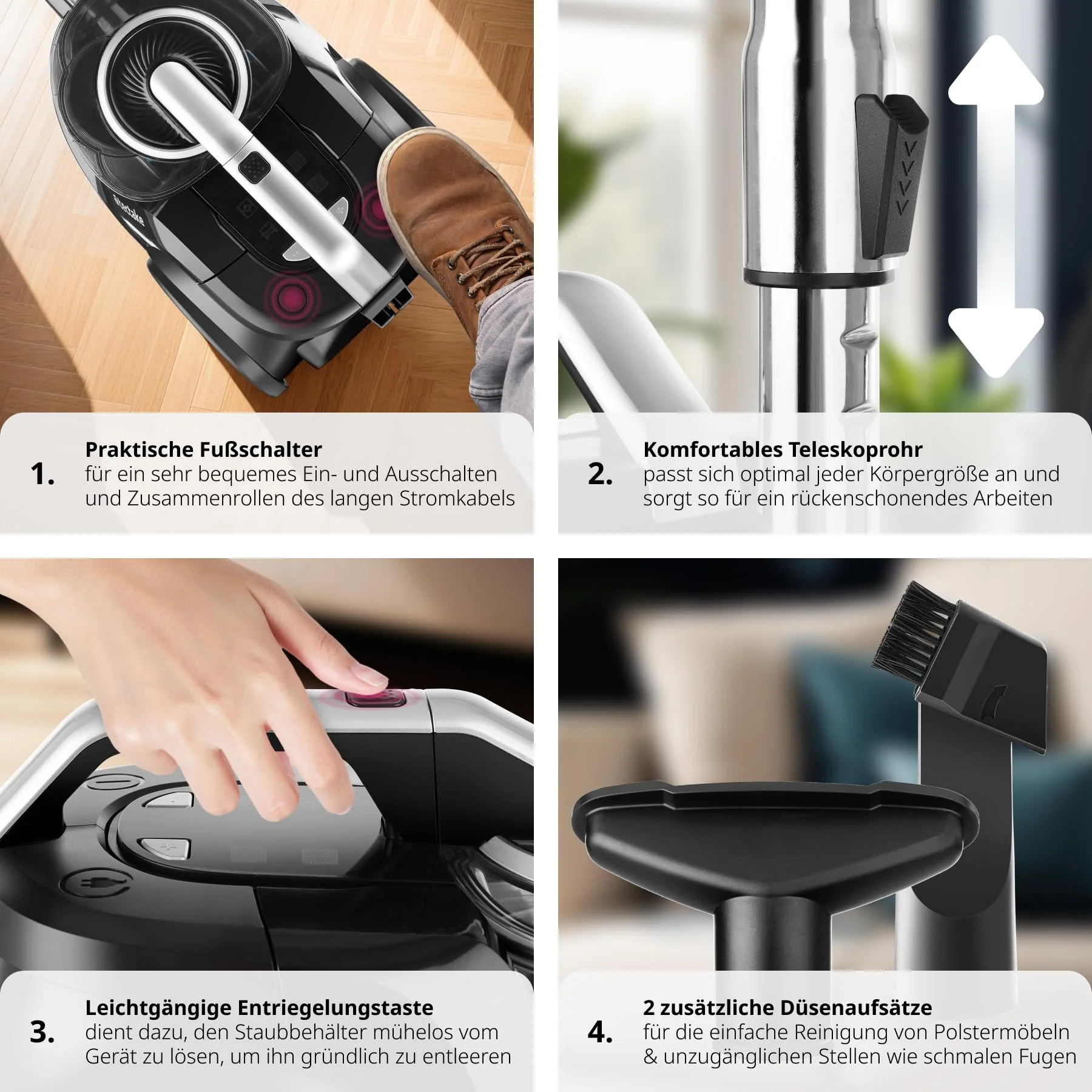 tectake® Staubsauger beutellos, VC900, 900 W, stark, beutelloser Bodenstaubsauger mit Kabel, für Tierhaare, Easy clean ohne Beutel für Teppichboden und Hartboden - Image 5