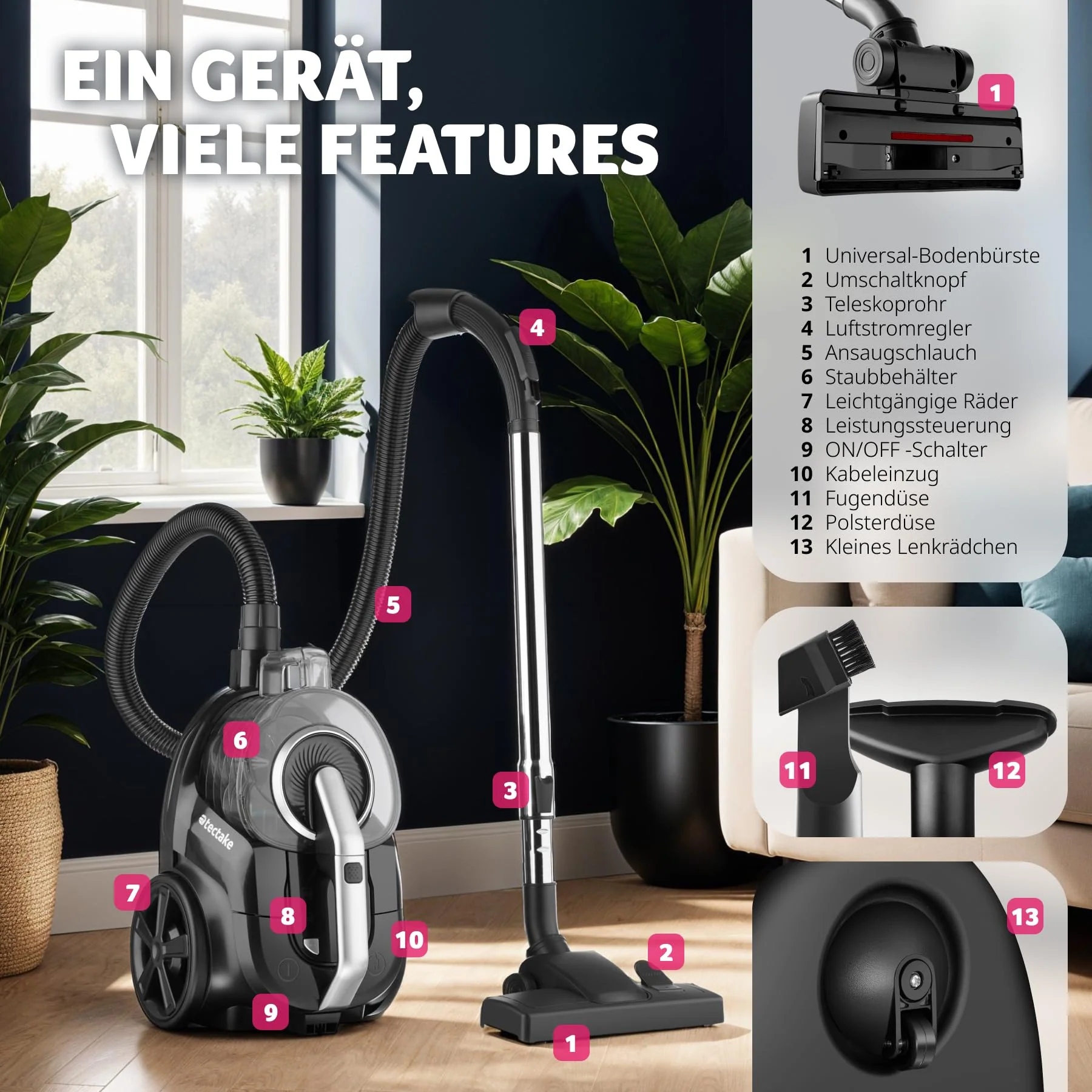 tectake® Staubsauger beutellos, VC900, 900 W, stark, beutelloser Bodenstaubsauger mit Kabel, für Tierhaare, Easy clean ohne Beutel für Teppichboden und Hartboden - Image 6