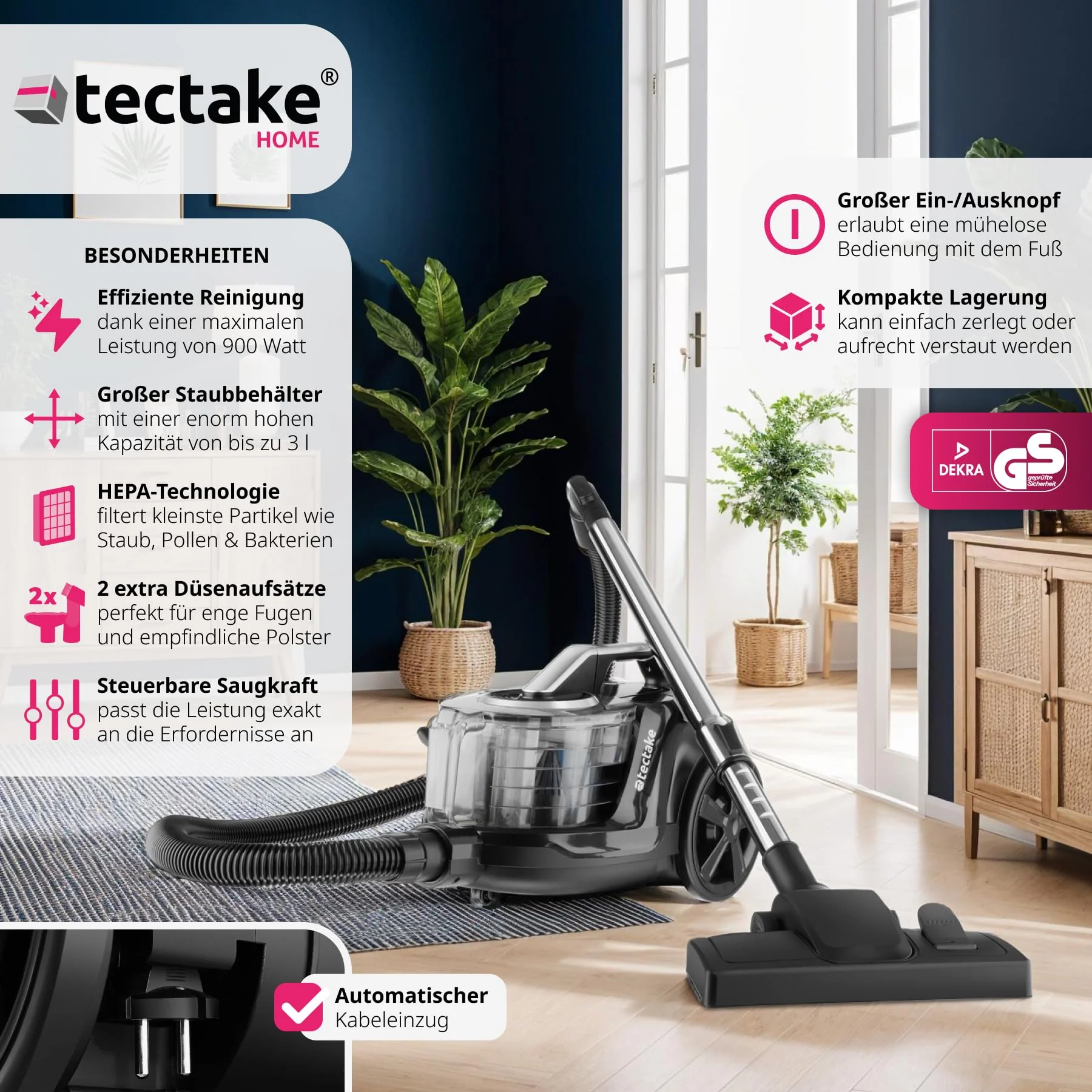 tectake® Staubsauger beutellos, VC900, 900 W, stark, beutelloser Bodenstaubsauger mit Kabel, für Tierhaare, Easy clean ohne Beutel für Teppichboden und Hartboden - Image 8