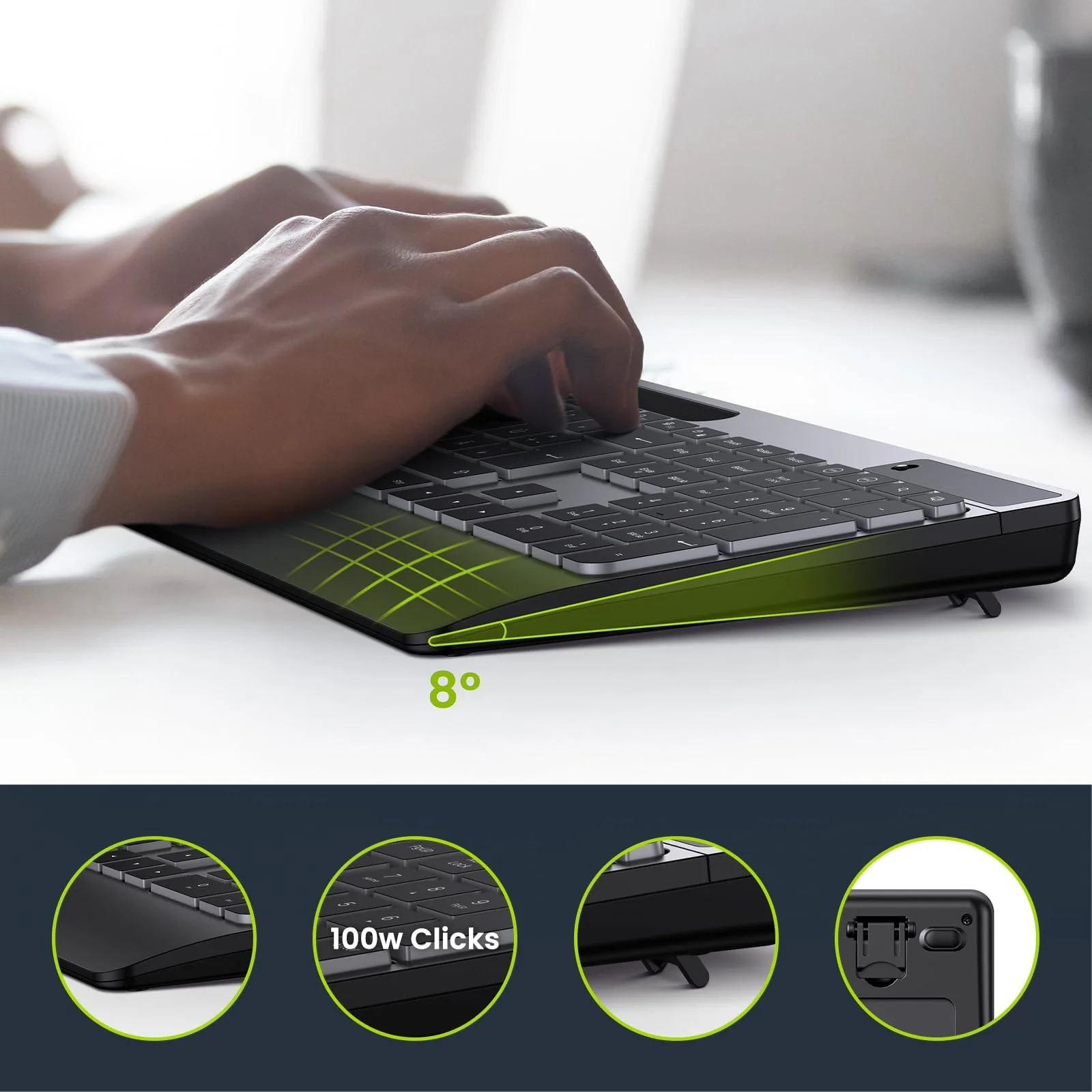 TECURS Gaming Tastatur Kabellos-Leise, Ergonomisch, 2 in 1 USB A/C, Multimedia-Tasten, Handy Halter, Kabellose Tastatur Beleuchtet Wireless für PC/Windows/Mac, QWERTZ Deutsche Layout(Schwarz) - Image 4