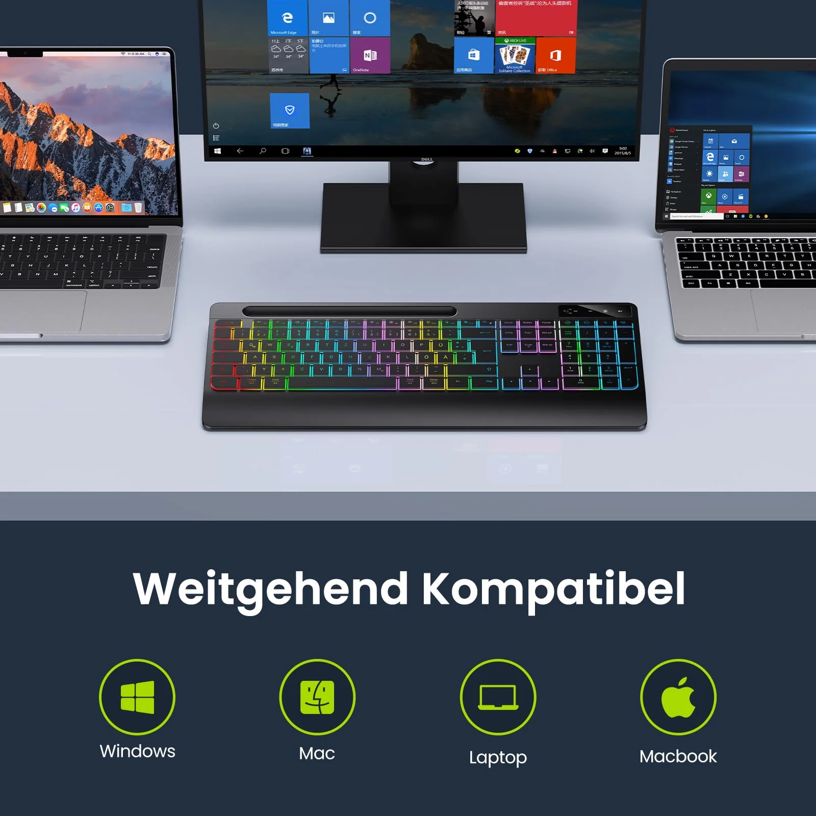 TECURS Gaming Tastatur Kabellos-Leise, Ergonomisch, 2 in 1 USB A/C, Multimedia-Tasten, Handy Halter, Kabellose Tastatur Beleuchtet Wireless für PC/Windows/Mac, QWERTZ Deutsche Layout(Schwarz) - Image 5