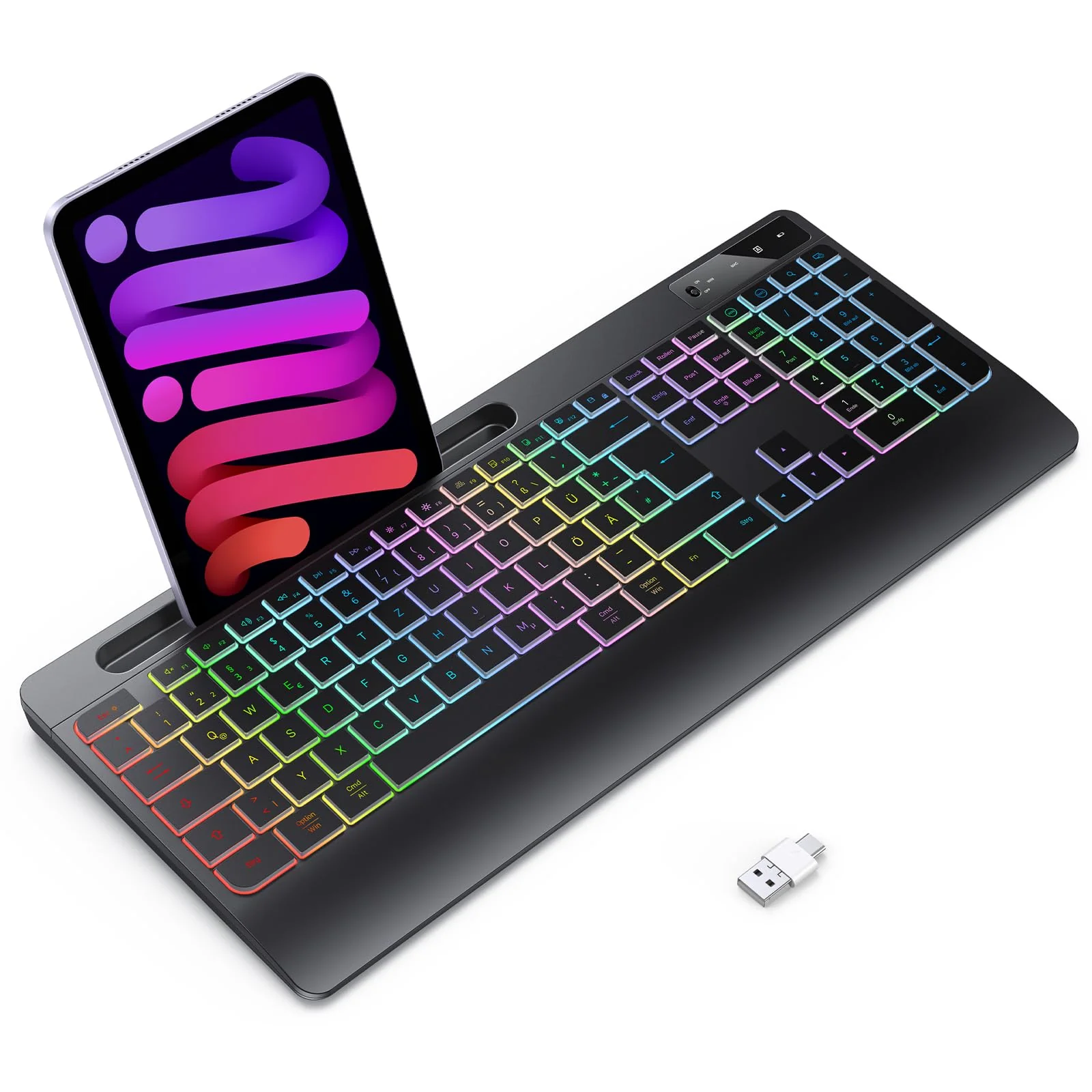 TECURS Gaming Tastatur Kabellos-Leise, Ergonomisch, 2 in 1 USB A/C, Multimedia-Tasten, Handy Halter, Kabellose Tastatur Beleuchtet Wireless für PC/Windows/Mac, QWERTZ Deutsche Layout(Schwarz) - Image 6