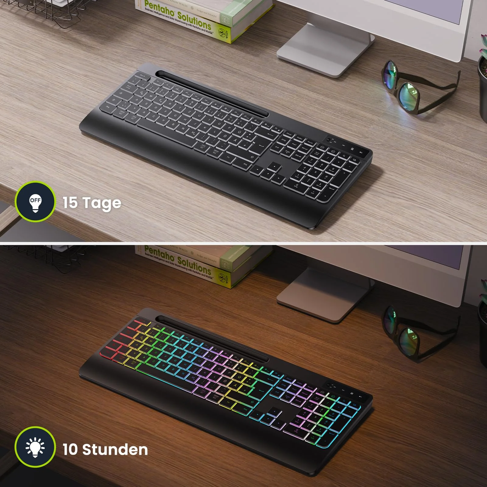 TECURS Gaming Tastatur Kabellos-Leise, Ergonomisch, 2 in 1 USB A/C, Multimedia-Tasten, Handy Halter, Kabellose Tastatur Beleuchtet Wireless für PC/Windows/Mac, QWERTZ Deutsche Layout(Schwarz) - Image 7