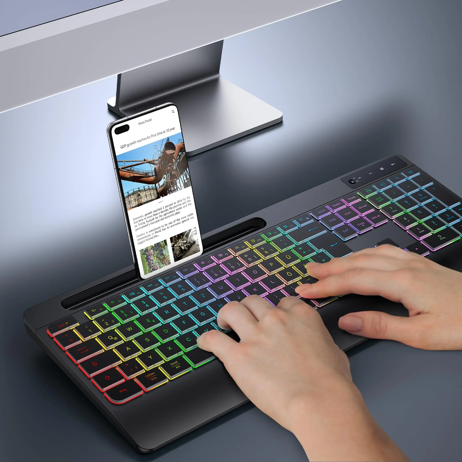 TECURS Gaming Tastatur Kabellos-Leise, Ergonomisch, 2 in 1 USB A/C, Multimedia-Tasten, Handy Halter, Kabellose Tastatur Beleuchtet Wireless für PC/Windows/Mac, QWERTZ Deutsche Layout(Schwarz) - Image 8