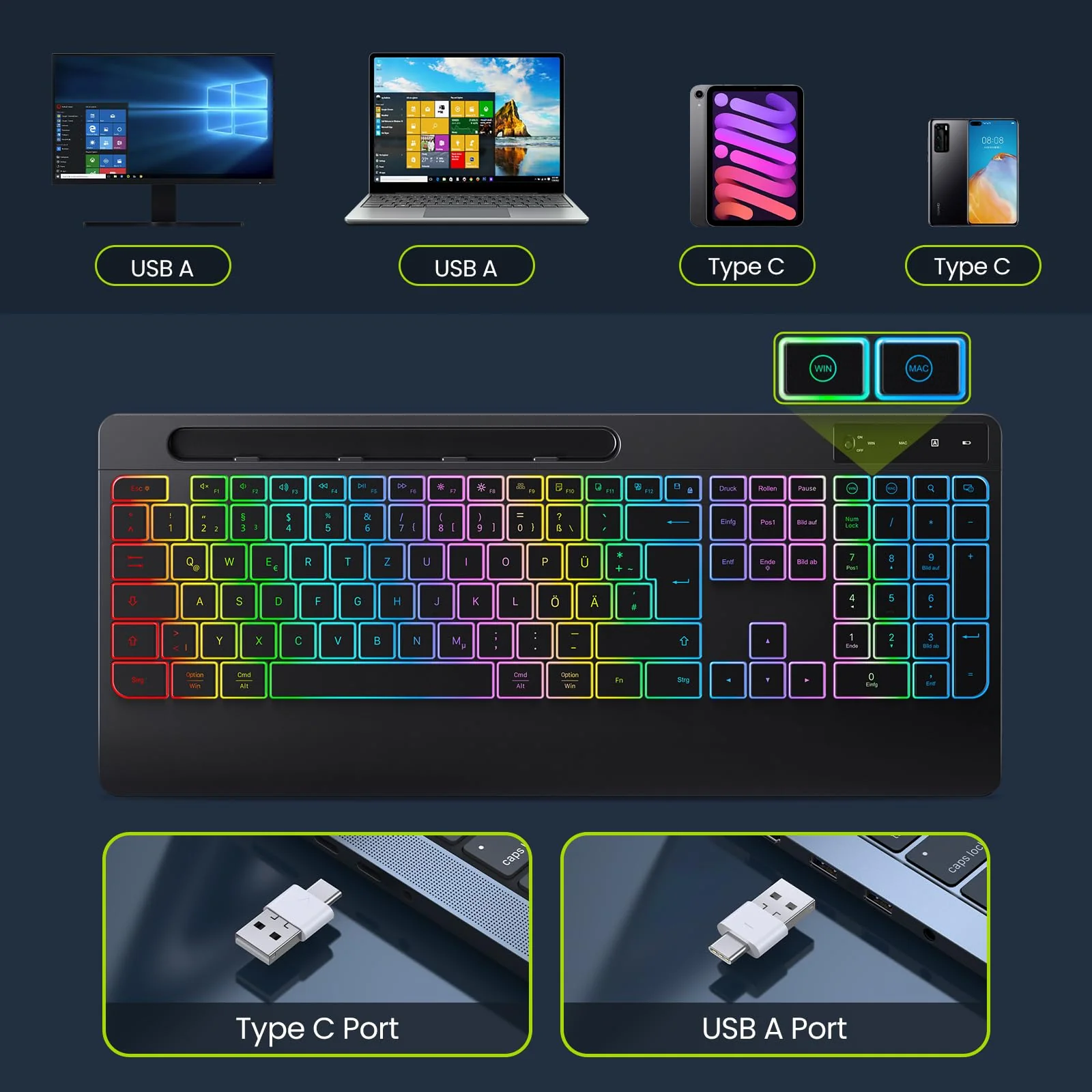 TECURS Gaming Tastatur Kabellos-Leise, Ergonomisch, 2 in 1 USB A/C, Multimedia-Tasten, Handy Halter, Kabellose Tastatur Beleuchtet Wireless für PC/Windows/Mac, QWERTZ Deutsche Layout(Schwarz) - Image 9