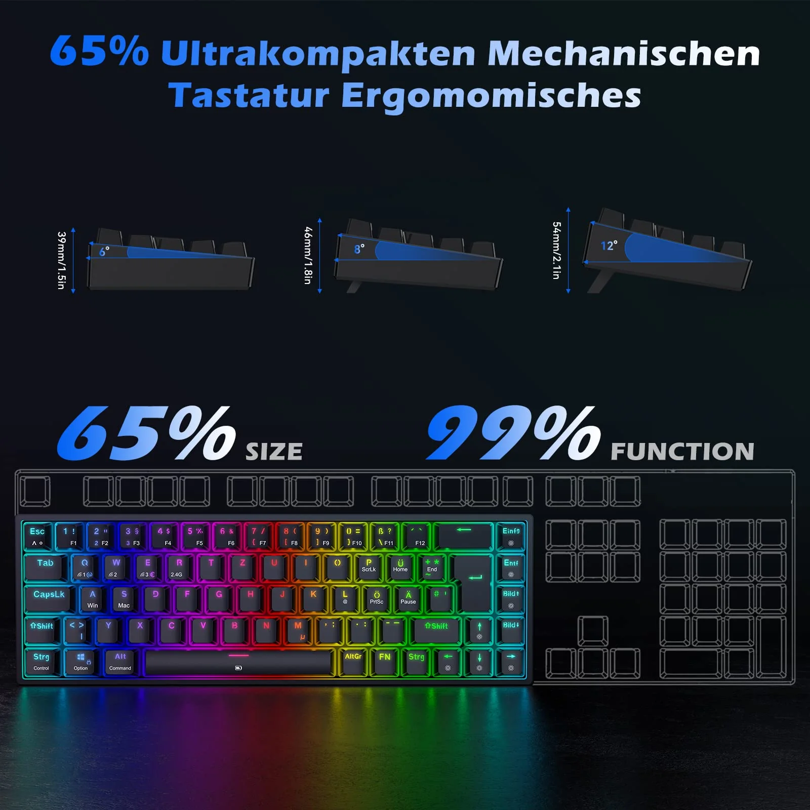 TECURS Gaming Tastatur Kabellos, Mechanische Tastatur RGB QWERTZ (German Layout) mit Rote Schalter für PC Gamer und Arbeits, 65% TKL Gaming Keyboard für PS4 /PS5/Laptop/Xbox One, Schwarz - Image 4