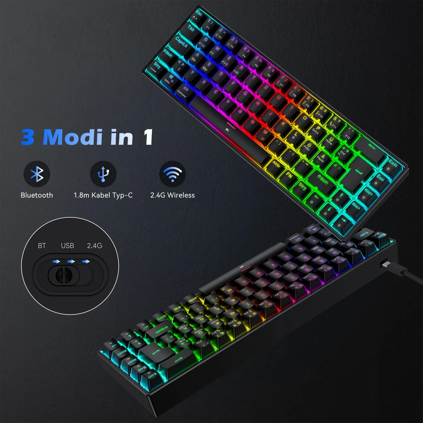 TECURS Gaming Tastatur Kabellos, Mechanische Tastatur RGB QWERTZ (German Layout) mit Rote Schalter für PC Gamer und Arbeits, 65% TKL Gaming Keyboard für PS4 /PS5/Laptop/Xbox One, Schwarz - Image 5