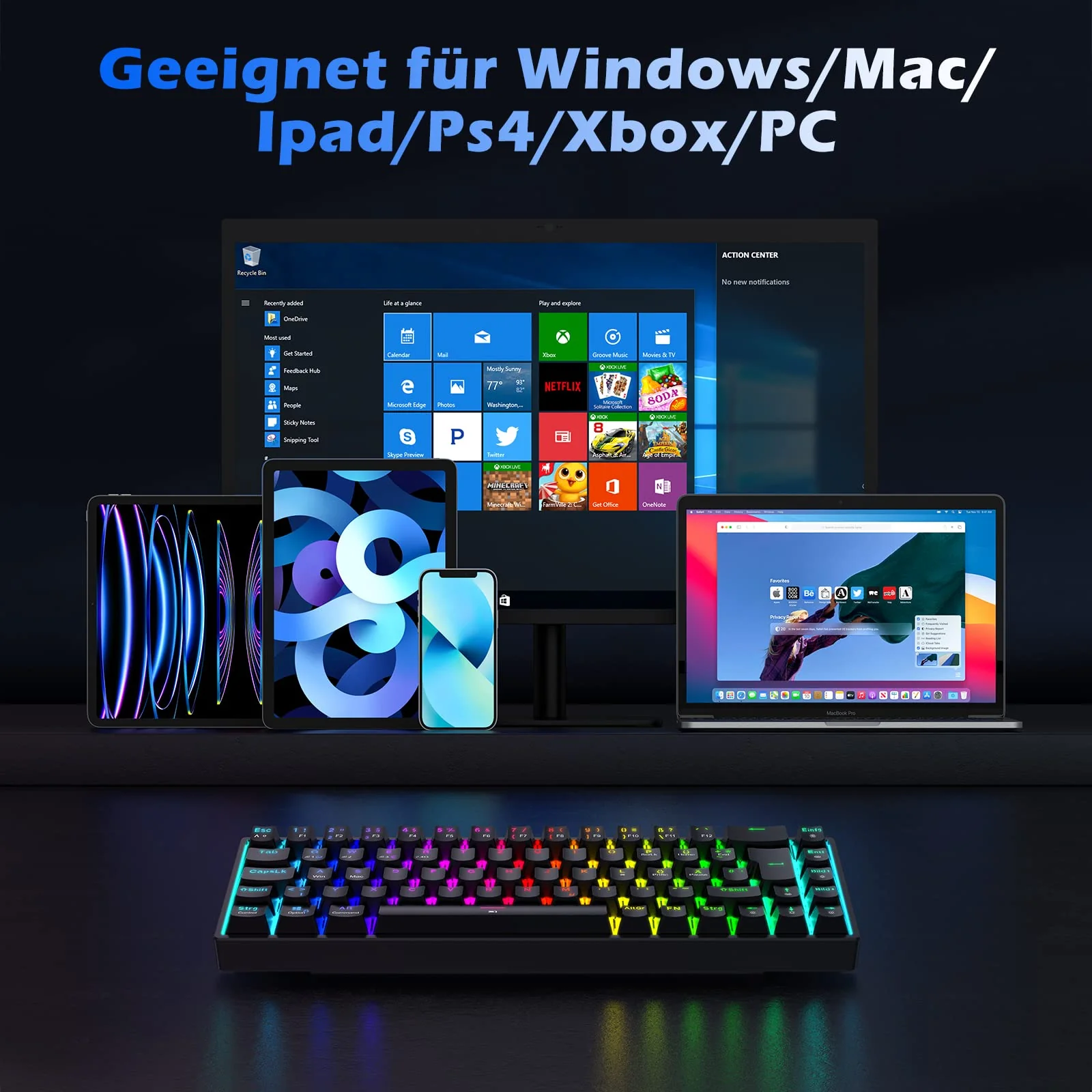 TECURS Gaming Tastatur Kabellos, Mechanische Tastatur RGB QWERTZ (German Layout) mit Rote Schalter für PC Gamer und Arbeits, 65% TKL Gaming Keyboard für PS4 /PS5/Laptop/Xbox One, Schwarz - Image 8