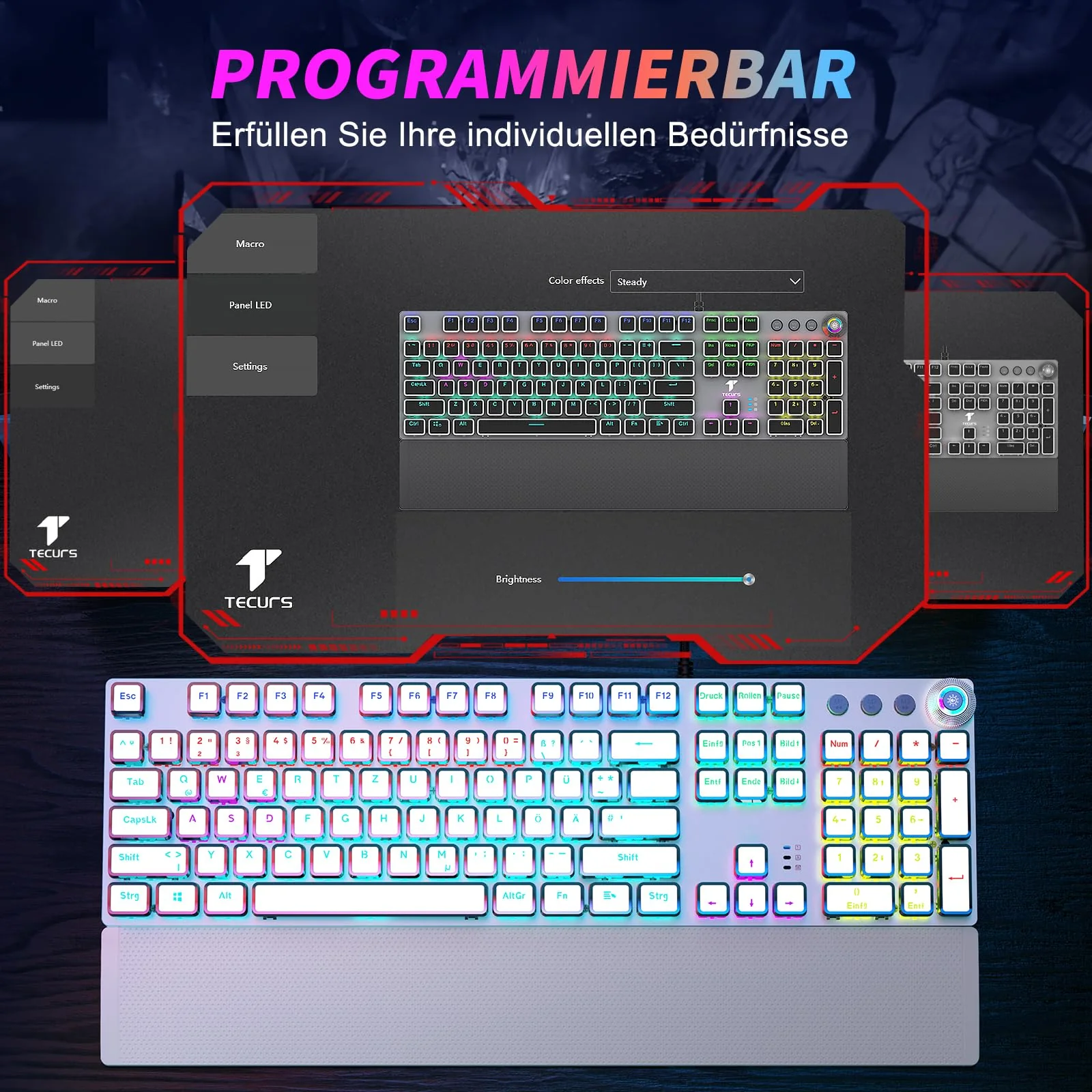 TECURS Gaming Tastatur Mechanische - Gamer Tastatur Programmierbare mit Magnetische Handgelenkauflage, Rote Schalter, 19 LED Modi, Multimedia-Tasten, PC Tastatur mit Kabel QWERTZ DE-Layout, Weiß - Image 3