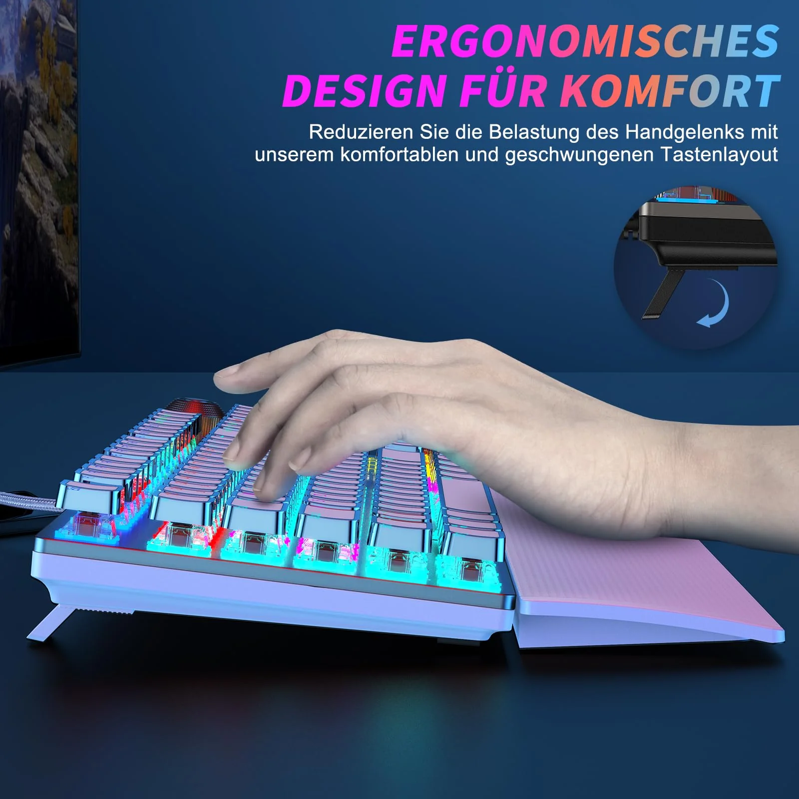 TECURS Gaming Tastatur Mechanische - Gamer Tastatur Programmierbare mit Magnetische Handgelenkauflage, Rote Schalter, 19 LED Modi, Multimedia-Tasten, PC Tastatur mit Kabel QWERTZ DE-Layout, Weiß - Image 4