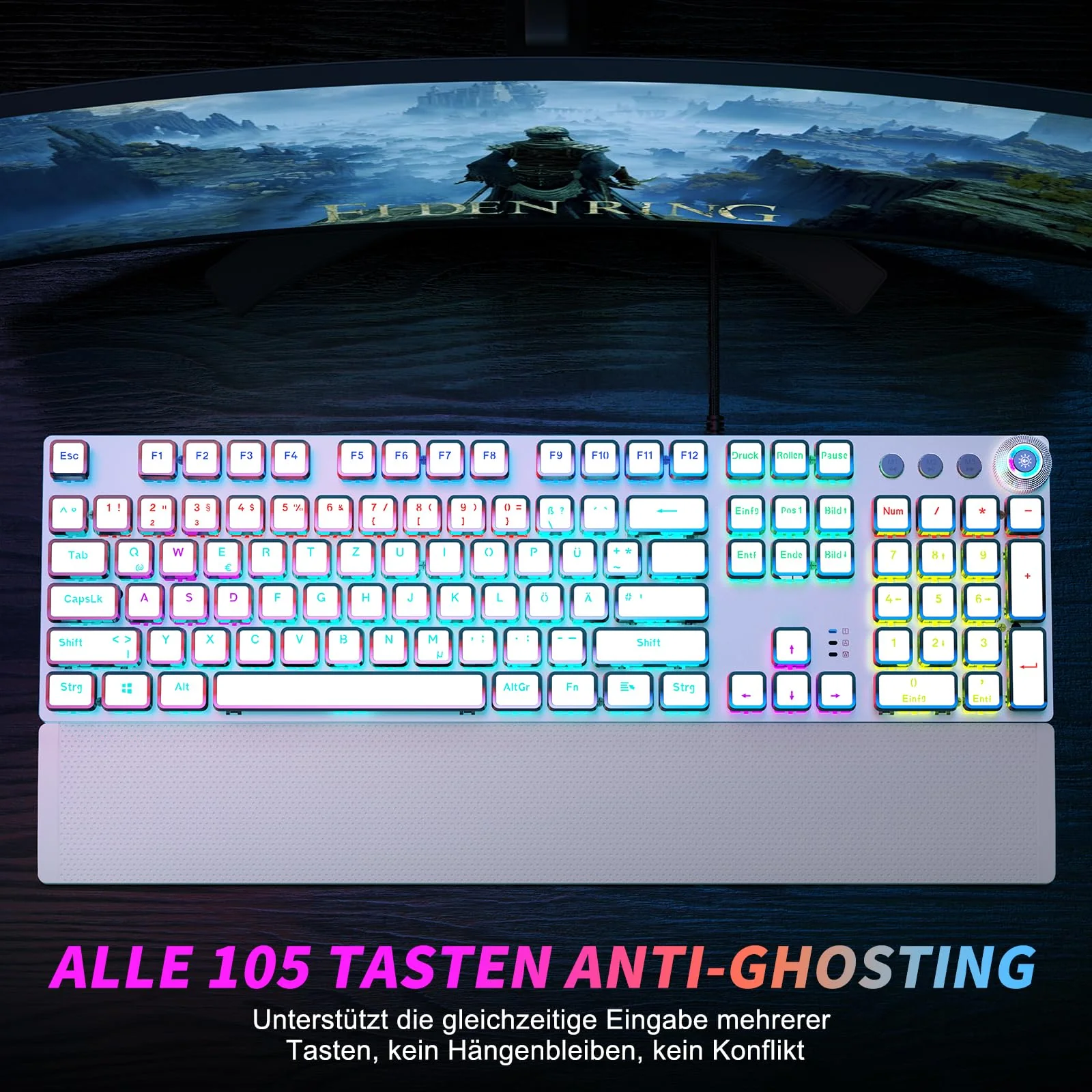 TECURS Gaming Tastatur Mechanische - Gamer Tastatur Programmierbare mit Magnetische Handgelenkauflage, Rote Schalter, 19 LED Modi, Multimedia-Tasten, PC Tastatur mit Kabel QWERTZ DE-Layout, Weiß - Image 5