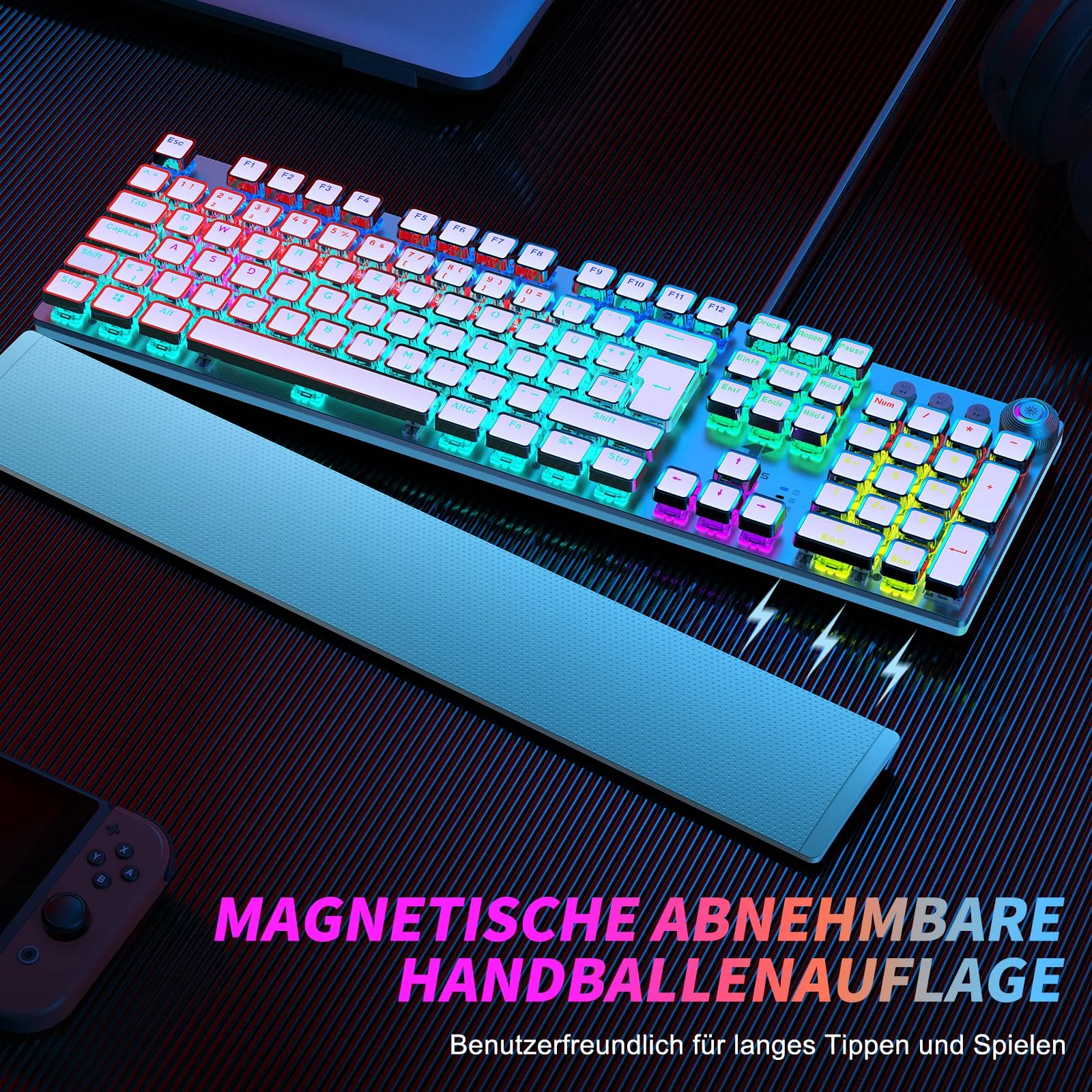 TECURS Gaming Tastatur Mechanische - Gamer Tastatur Programmierbare mit Magnetische Handgelenkauflage, Rote Schalter, 19 LED Modi, Multimedia-Tasten, PC Tastatur mit Kabel QWERTZ DE-Layout, Weiß - Image 7