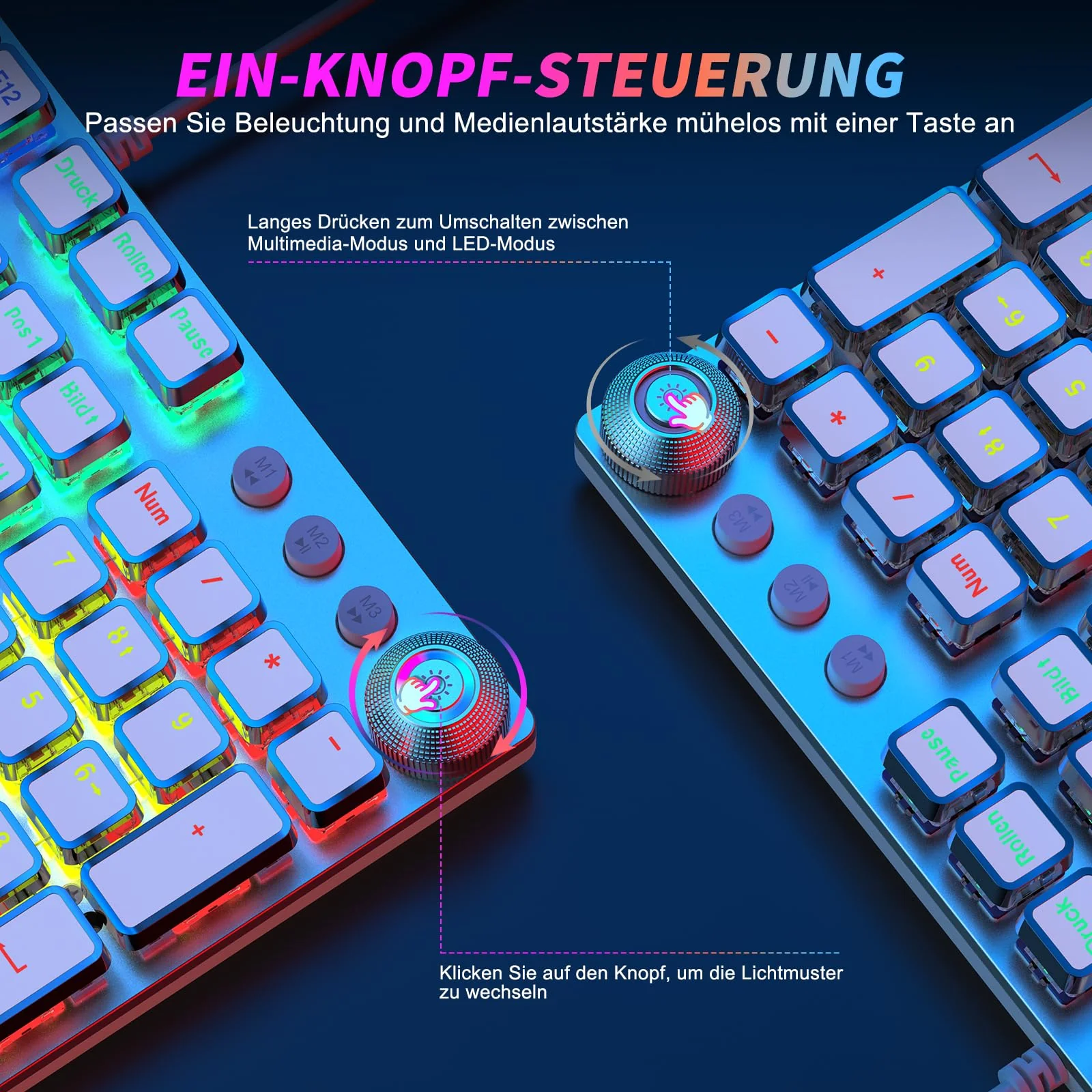TECURS Gaming Tastatur Mechanische - Gamer Tastatur Programmierbare mit Magnetische Handgelenkauflage, Rote Schalter, 19 LED Modi, Multimedia-Tasten, PC Tastatur mit Kabel QWERTZ DE-Layout, Weiß - Image 8