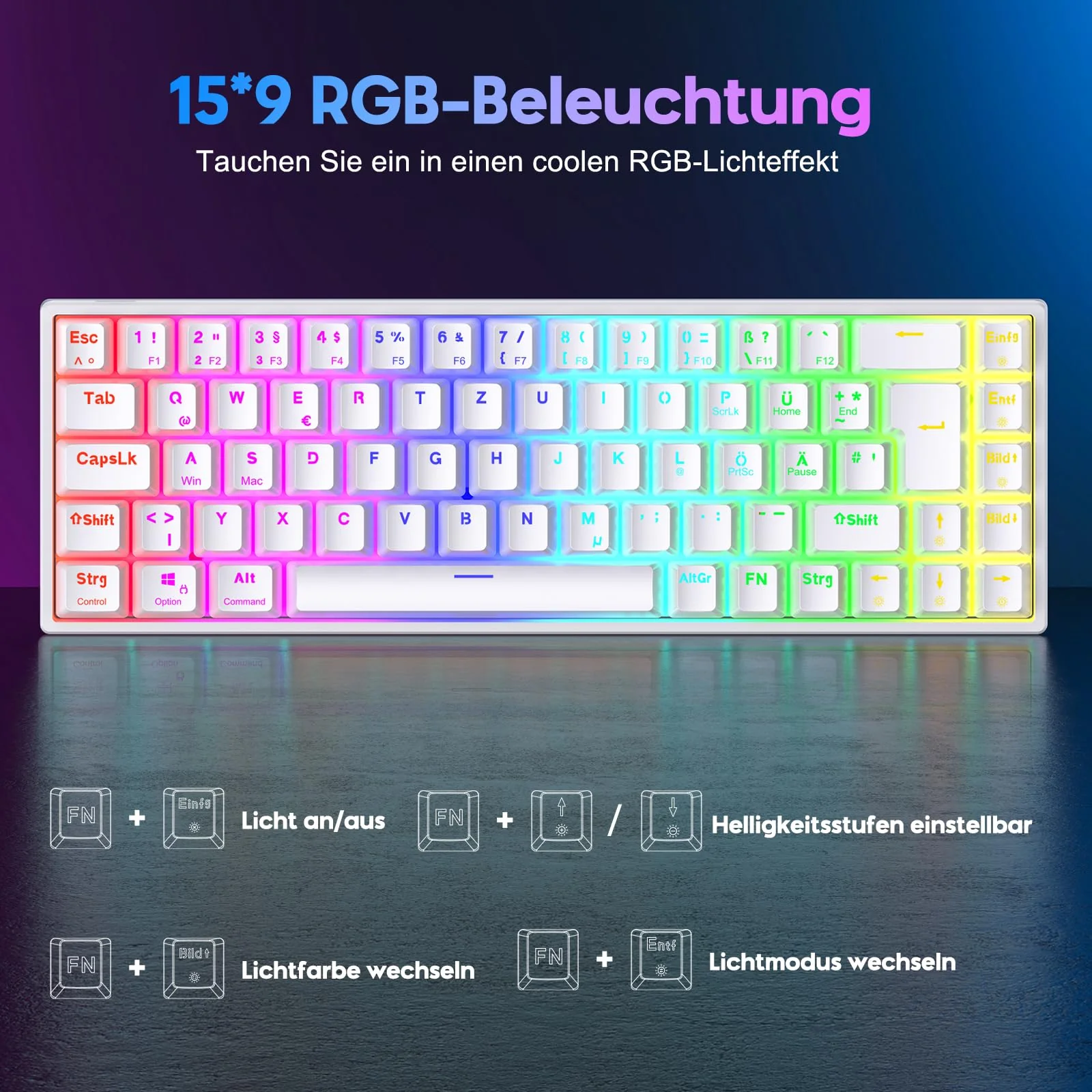 TECURS Gaming-Tastatur Mechanische Hot-Swap-Fähige, Gamer Tastatur RGB mit Kabel 65% QWERTZ Deutsch Layout, Mini Gaming Keyboard mit Rote Schalter für Windows - Image 5