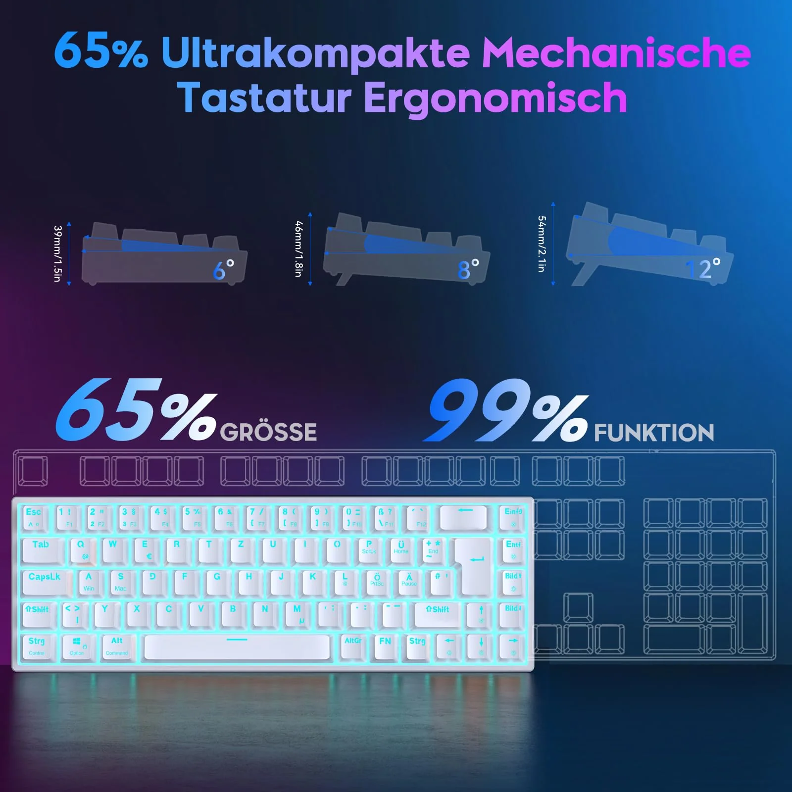 TECURS Gaming-Tastatur Mechanische Hot-Swap-Fähige, Gamer Tastatur RGB mit Kabel 65% QWERTZ Deutsch Layout, Mini Gaming Keyboard mit Rote Schalter für Windows - Image 6