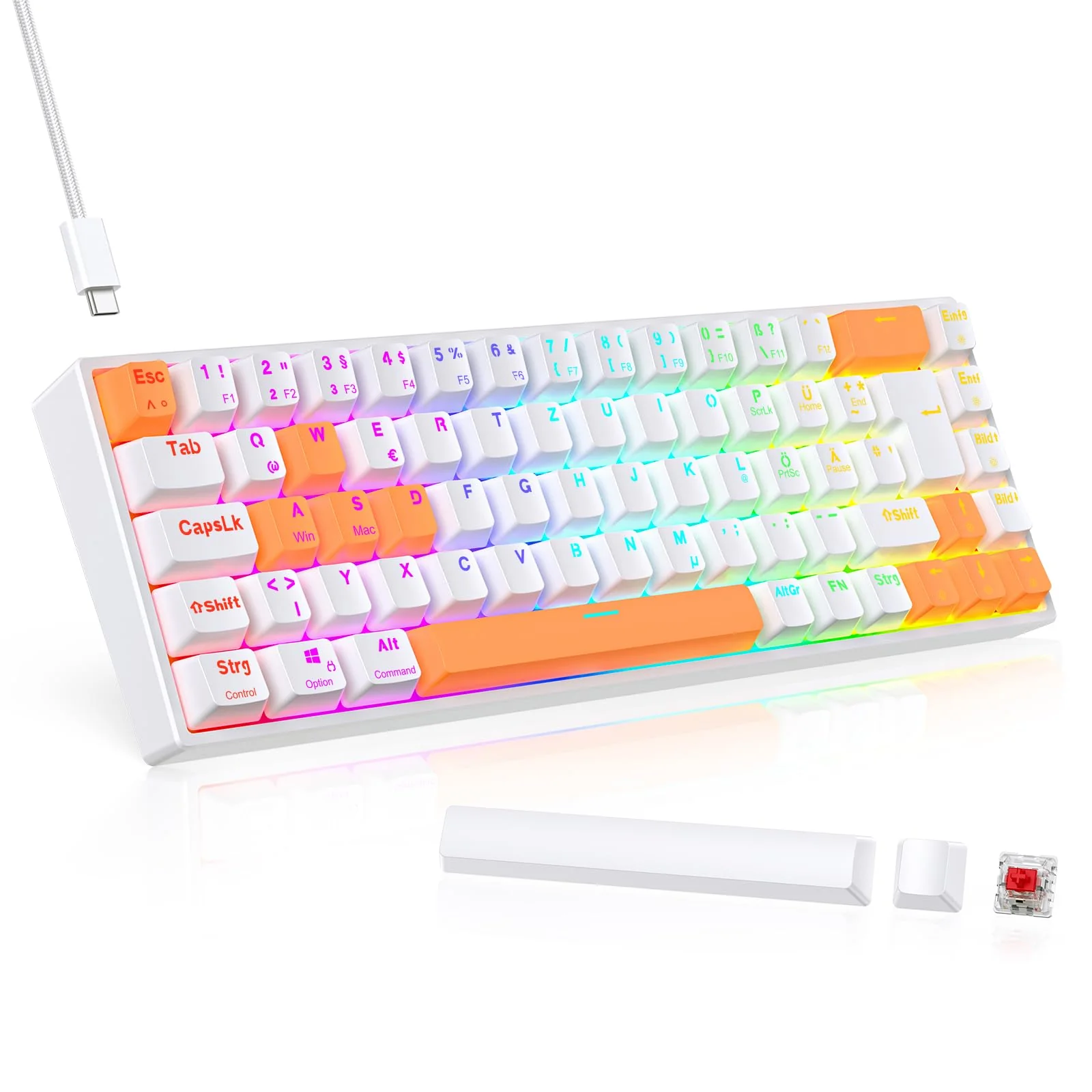 TECURS Gaming-Tastatur Mechanische Hot-Swap-Fähige, Gamer Tastatur RGB mit Kabel 65% QWERTZ Deutsch Layout, Mini Gaming Keyboard mit Rote Schalter für Windows - Image 7
