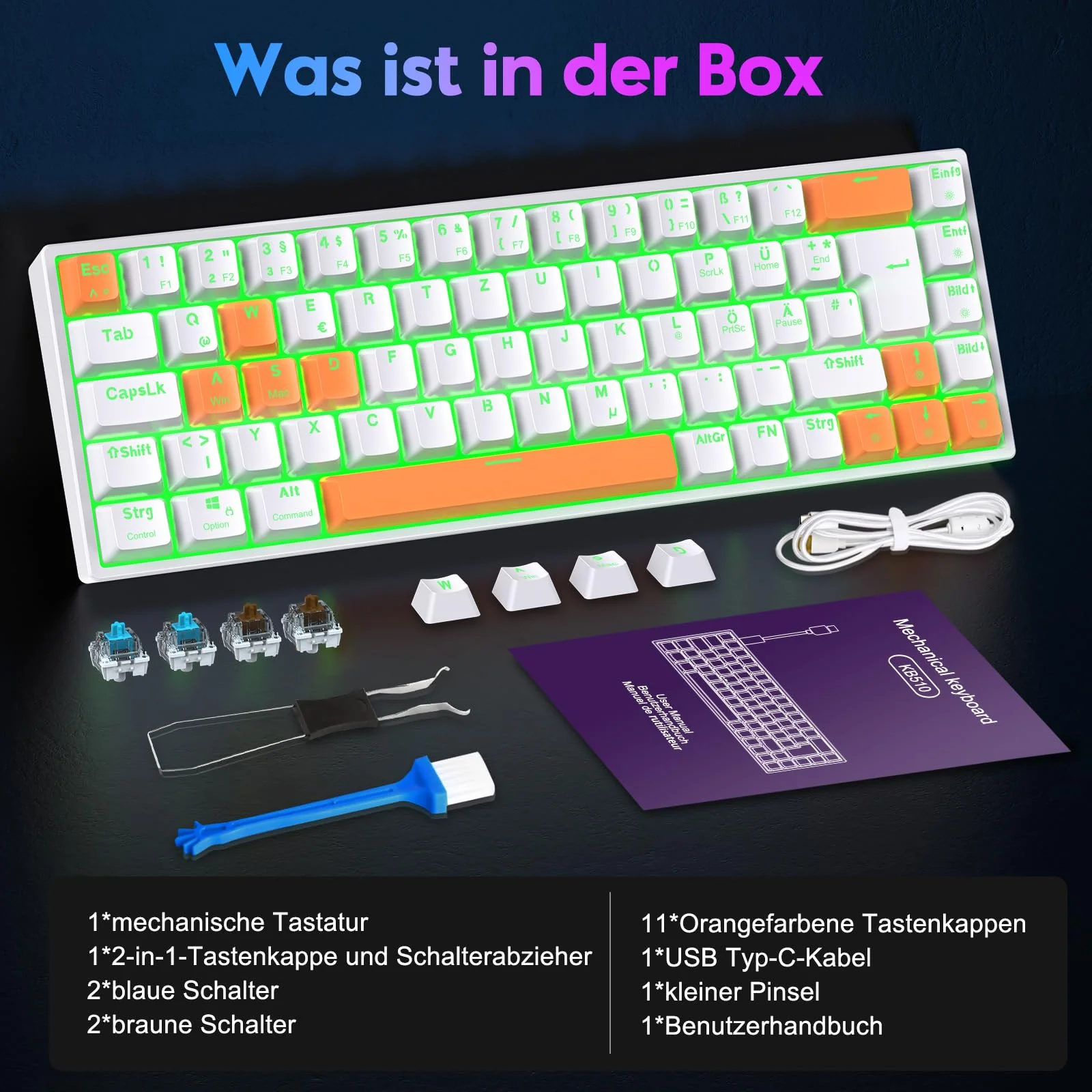 TECURS Gaming-Tastatur Mechanische Hot-Swap-Fähige, Gamer Tastatur RGB mit Kabel 65% QWERTZ Deutsch Layout, Mini Gaming Keyboard mit Rote Schalter für Windows - Image 8