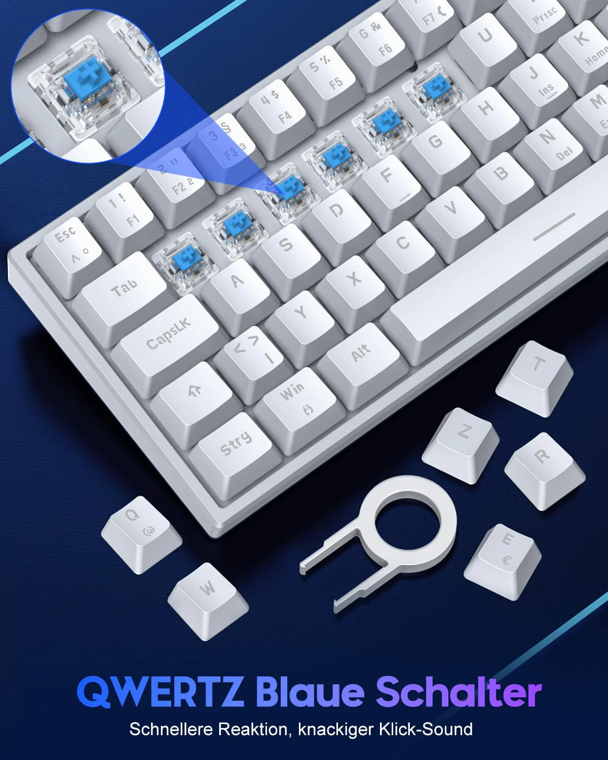 TECURS Gaming Tastatur, Mechanische Tastatur 60% TKL QWERTZ Blaue Schalter, Gamer Tastatur Kabelgebunden 61 Tasten für PC Windows/PS5/PS4, Weiß - Image 2