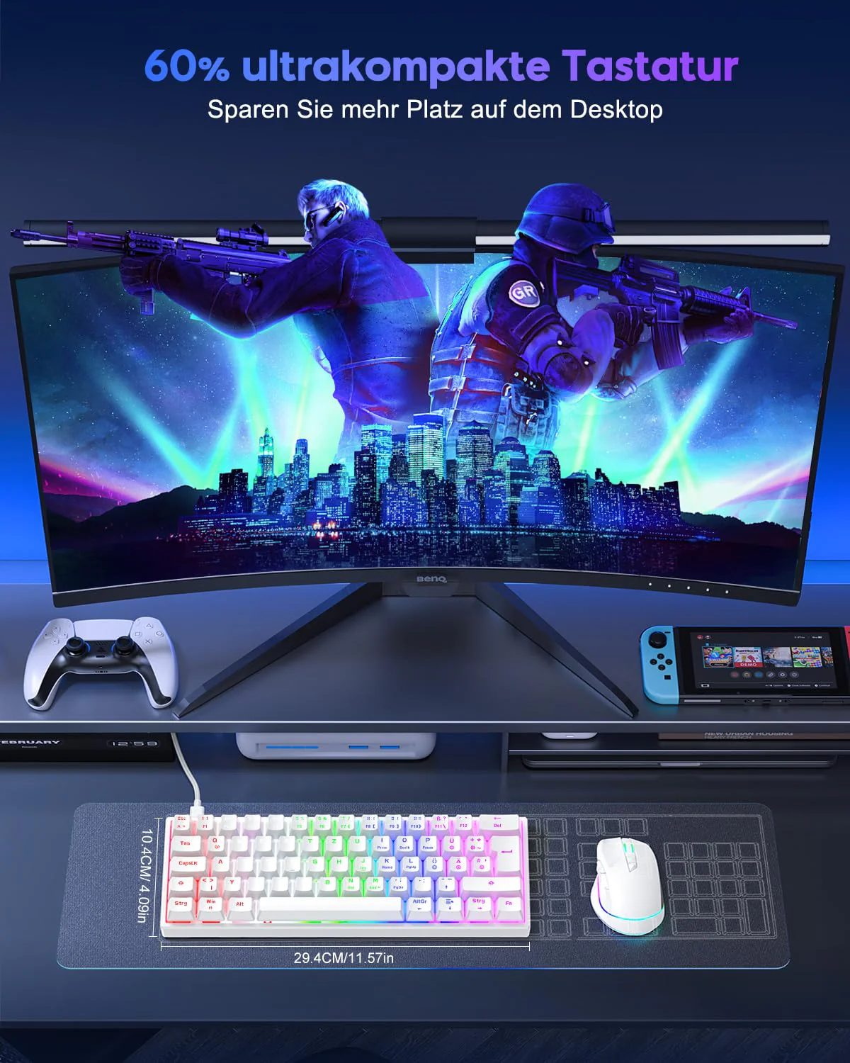 TECURS Gaming Tastatur, Mechanische Tastatur 60% TKL QWERTZ Blaue Schalter, Gamer Tastatur Kabelgebunden 61 Tasten für PC Windows/PS5/PS4, Weiß - Image 3
