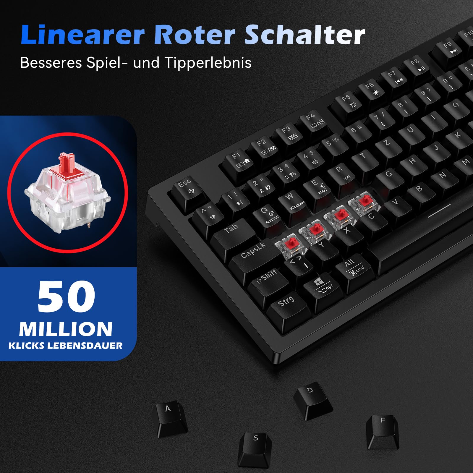 TECURS Gaming Tastatur - Mechanische Tastatur Kabellos Programmierbare 80% TKL QWERTZ mit Rote Schalter, RGB-Beleuchtung, Multimedia-Tasten, Mechanical Keyboard für PC/Mac/PS4/PS5, Schwarz - Image 2