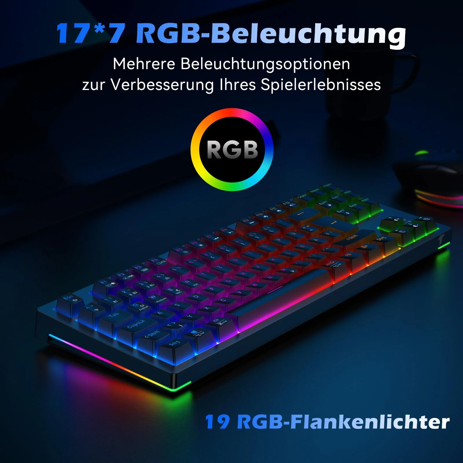 TECURS Gaming Tastatur - Mechanische Tastatur Kabellos Programmierbare 80% TKL QWERTZ mit Rote Schalter, RGB-Beleuchtung, Multimedia-Tasten, Mechanical Keyboard für PC/Mac/PS4/PS5, Schwarz - Image 4
