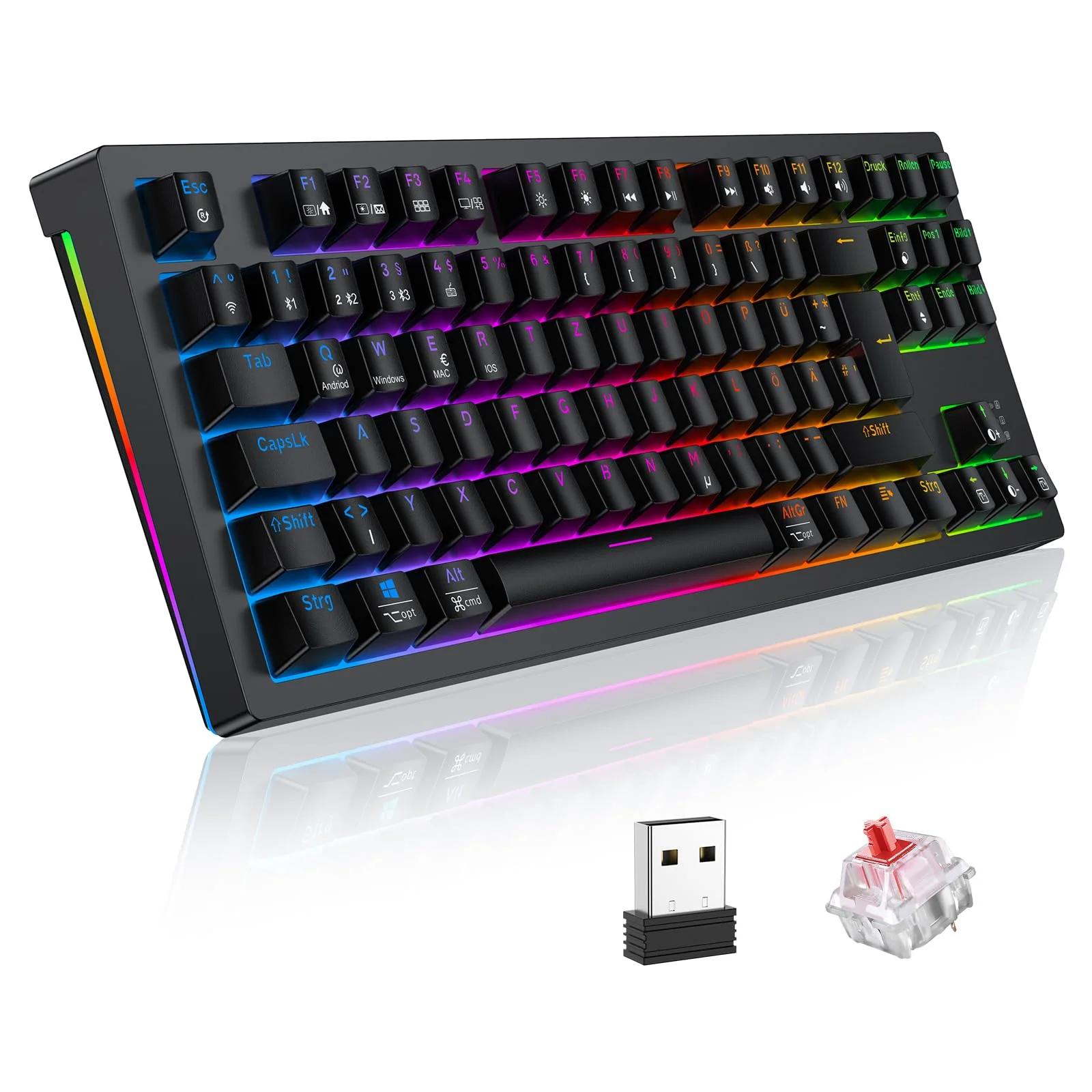 TECURS Gaming Tastatur - Mechanische Tastatur Kabellos Programmierbare 80% TKL QWERTZ mit Rote Schalter, RGB-Beleuchtung, Multimedia-Tasten, Mechanical Keyboard für PC/Mac/PS4/PS5, Schwarz - Image 7