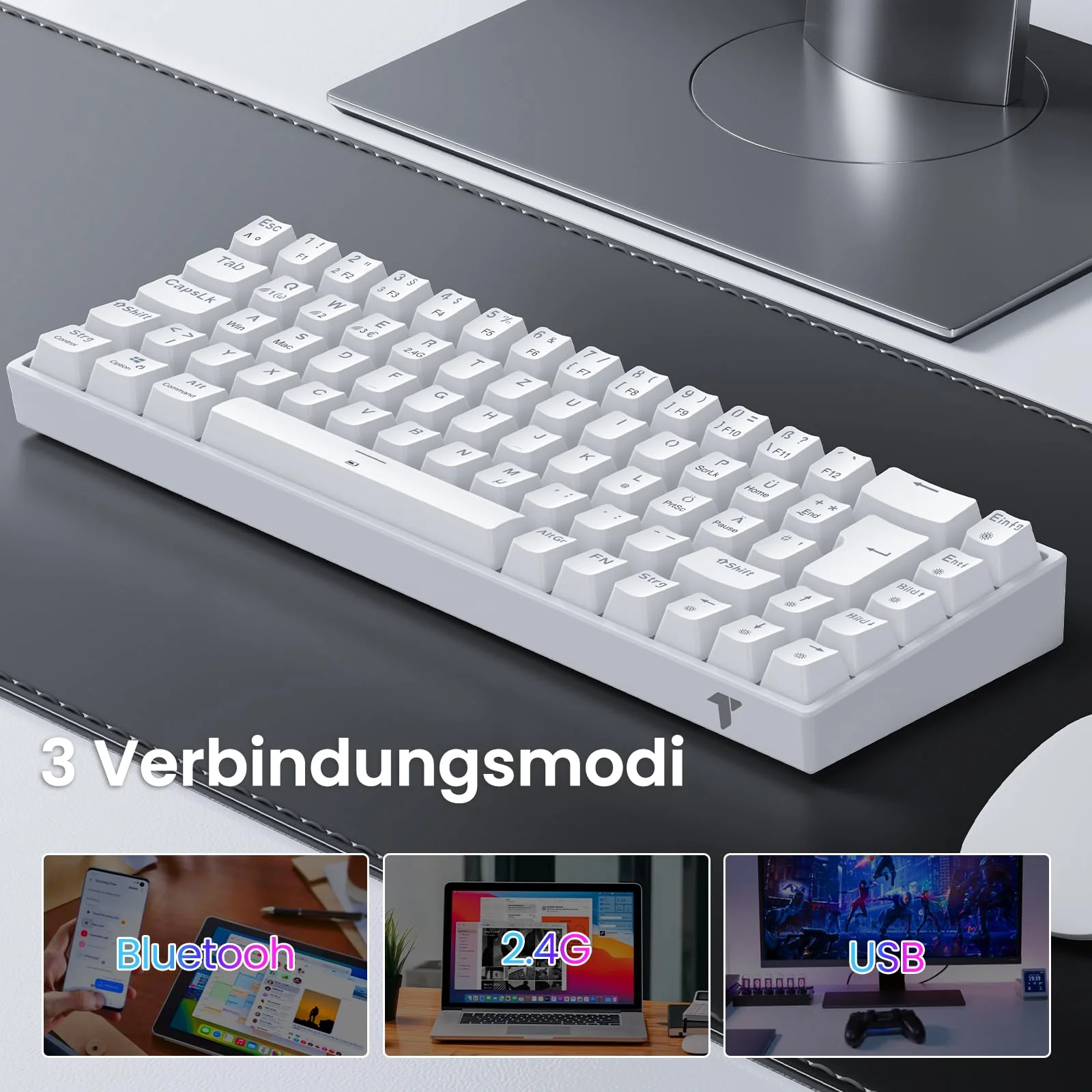 TECURS Gaming Tastatur - RGB Mechanische Tastatur Kabellos Bluetooth/2.4G/Mit Kabel, 65% QWERTZ Gamer Tastatur mit Rote Schalter für PC/Laptop/PS4/PS5, Weiß - Image 8