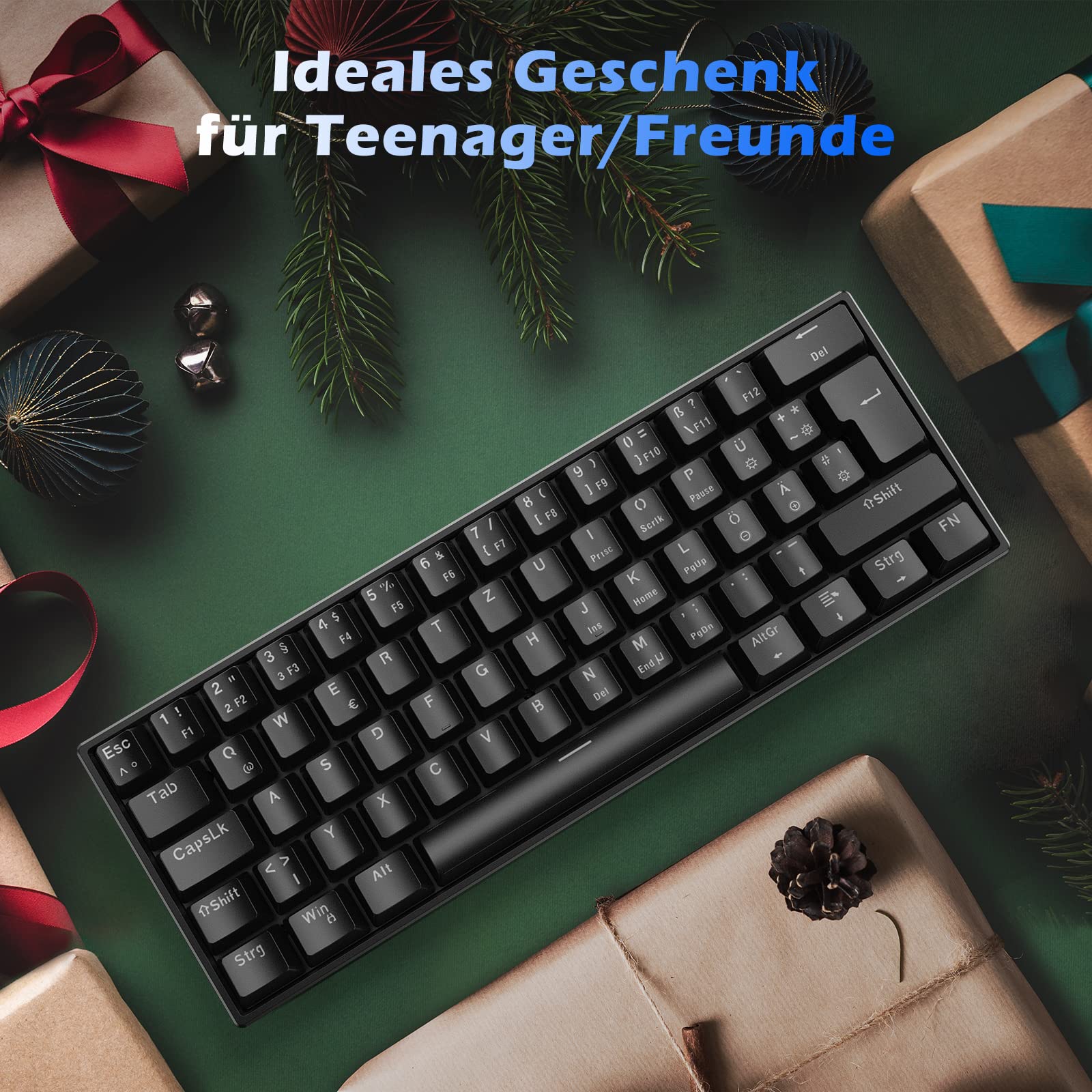 TECURS Mechanische Gaming Tastatur, Mechanische Tastatur 60 Prozent QWERTZ Rote Schalter für PC Gamer und Arbeits, 61 Tasten Kabelgebundene Tastatur für PC Windows/PS5/PS4, Schwarz - Image 2