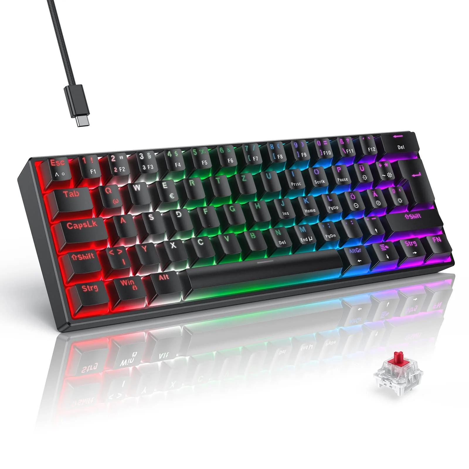 TECURS Mechanische Gaming Tastatur, Mechanische Tastatur 60 Prozent QWERTZ Rote Schalter für PC Gamer und Arbeits, 61 Tasten Kabelgebundene Tastatur für PC Windows/PS5/PS4, Schwarz - Image 4