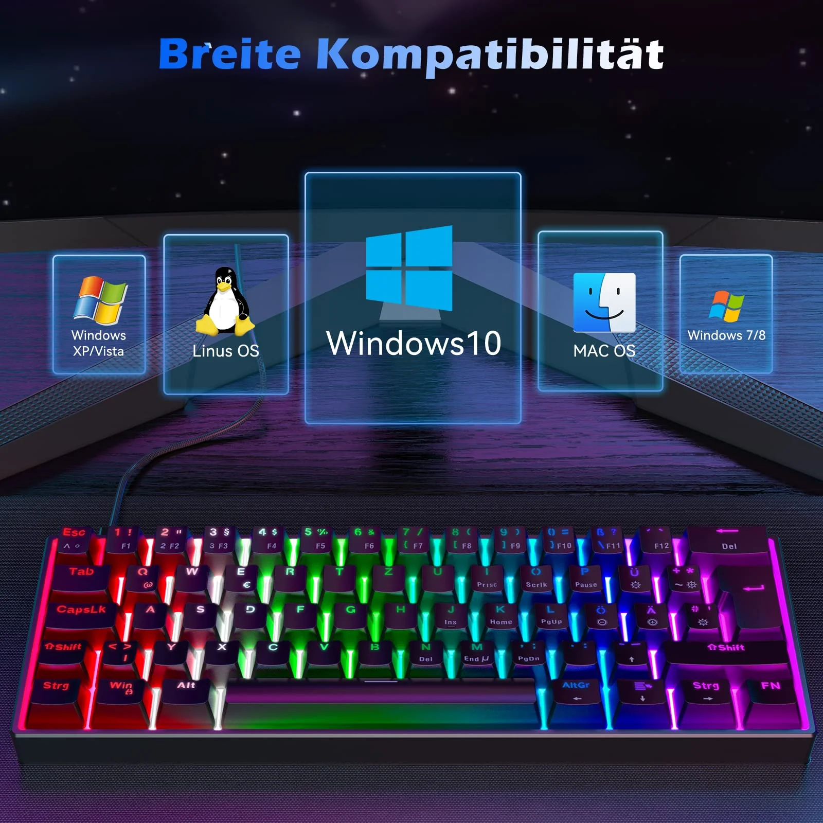 TECURS Mechanische Gaming Tastatur, Mechanische Tastatur 60 Prozent QWERTZ Rote Schalter für PC Gamer und Arbeits, 61 Tasten Kabelgebundene Tastatur für PC Windows/PS5/PS4, Schwarz - Image 6