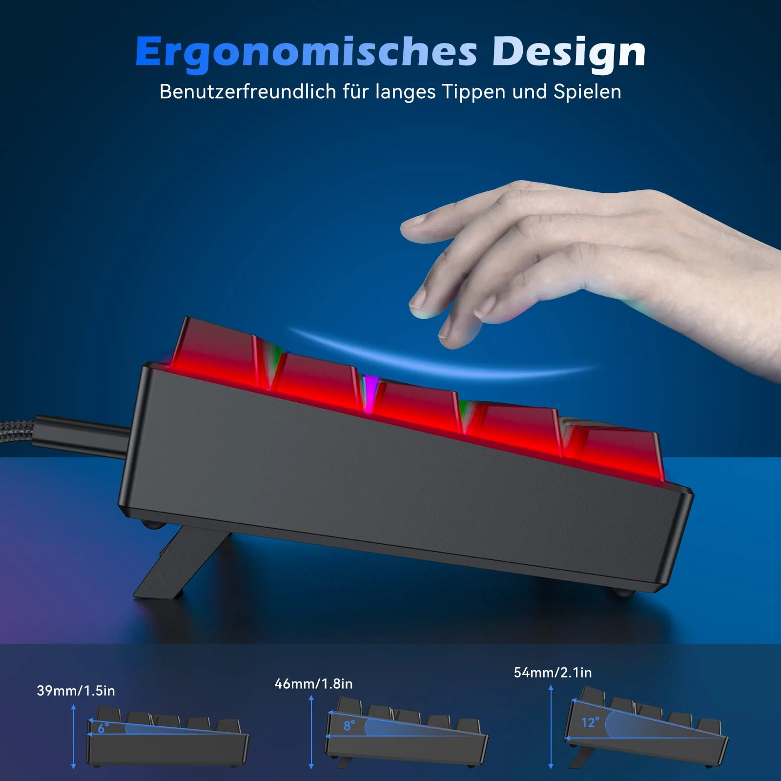 TECURS Mechanische Gaming Tastatur, Mechanische Tastatur 60 Prozent QWERTZ Rote Schalter für PC Gamer und Arbeits, 61 Tasten Kabelgebundene Tastatur für PC Windows/PS5/PS4, Schwarz - Image 8