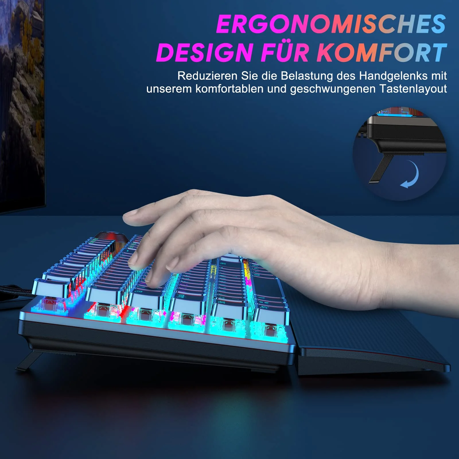 TECURS Mechanische Gaming Tastatur - QWERTZ Mechanical Keyboard mit Magnetische Handgelenkauflage, Multimedia-Tasten, 105 Tasten Kabelgebundene Rote Schalter Tastatur für PC/PS5/PS4, 19 LED Modi - Image 3