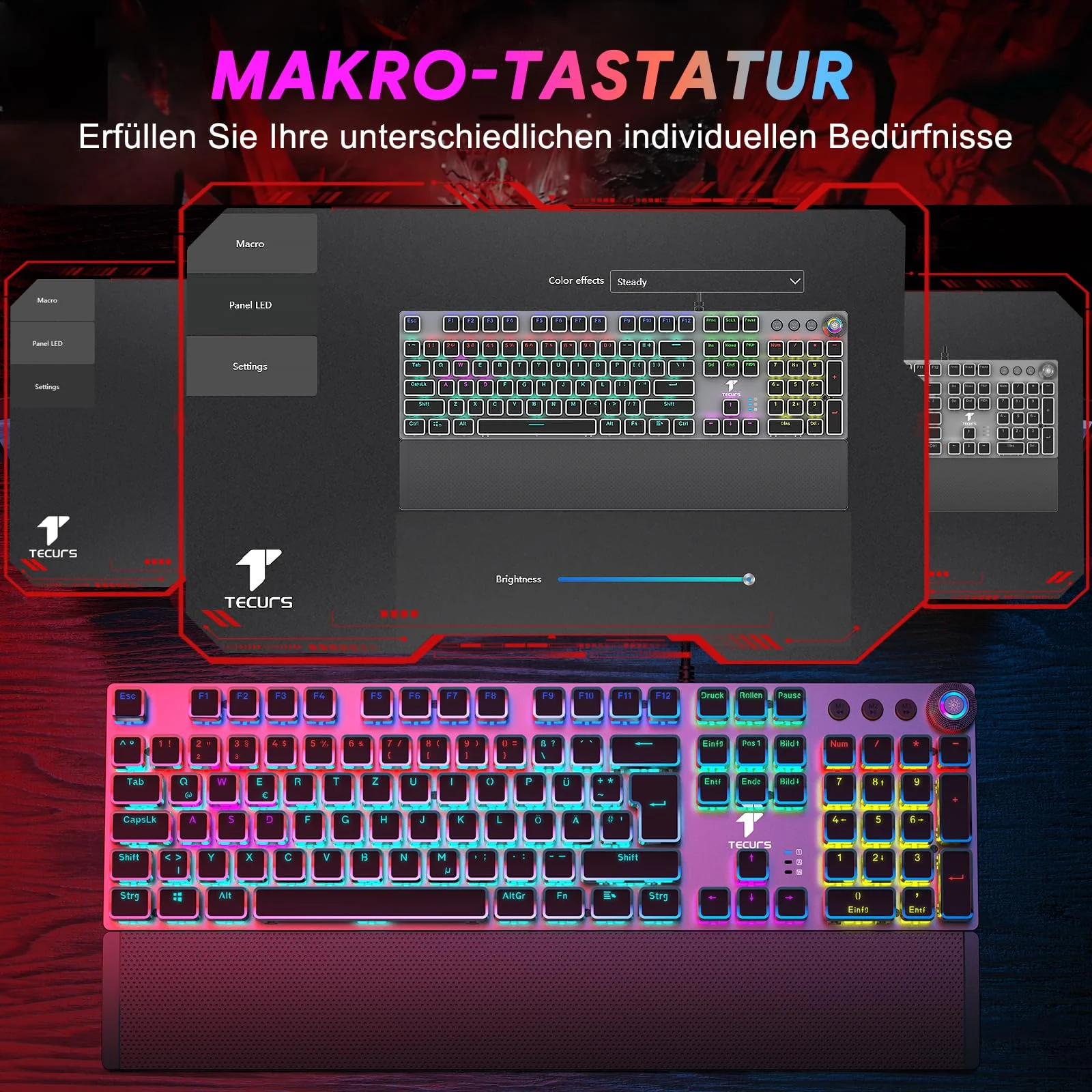 TECURS Mechanische Gaming Tastatur - QWERTZ Mechanical Keyboard mit Magnetische Handgelenkauflage, Multimedia-Tasten, 105 Tasten Kabelgebundene Rote Schalter Tastatur für PC/PS5/PS4, 19 LED Modi - Image 5