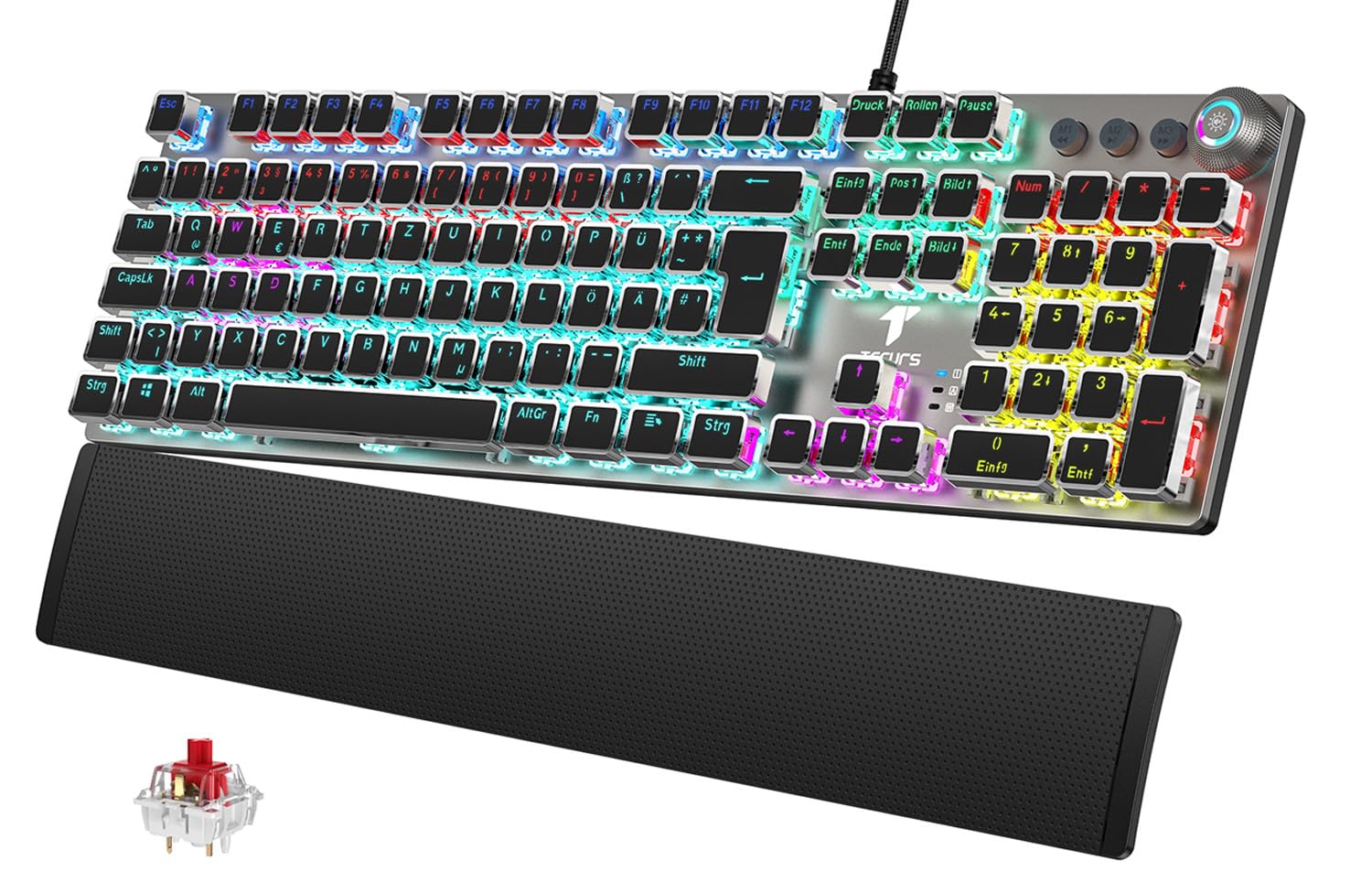 TECURS Mechanische Gaming Tastatur - QWERTZ Mechanical Keyboard mit Magnetische Handgelenkauflage, Multimedia-Tasten, 105 Tasten Kabelgebundene Rote Schalter Tastatur für PC/PS5/PS4, 19 LED Modi - Image 6
