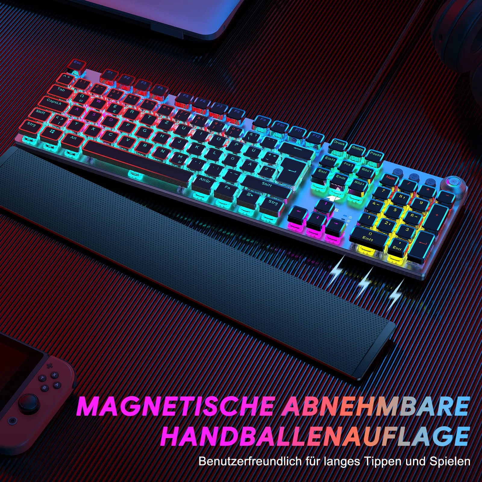 TECURS Mechanische Gaming Tastatur - QWERTZ Mechanical Keyboard mit Magnetische Handgelenkauflage, Multimedia-Tasten, 105 Tasten Kabelgebundene Rote Schalter Tastatur für PC/PS5/PS4, 19 LED Modi - Image 7