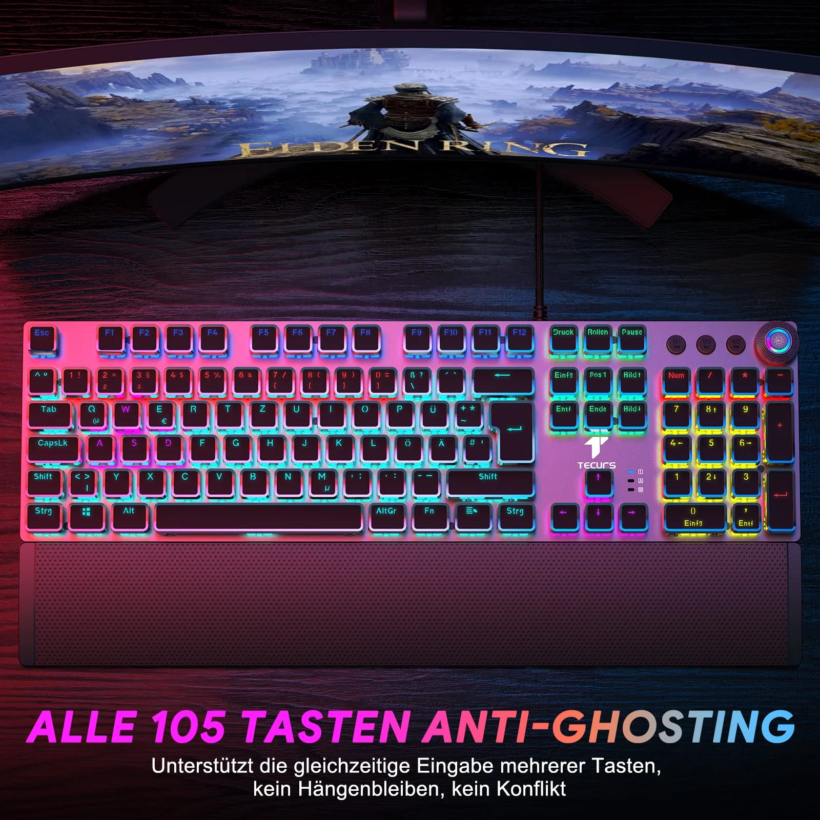 TECURS Mechanische Gaming Tastatur - QWERTZ Mechanical Keyboard mit Magnetische Handgelenkauflage, Multimedia-Tasten, 105 Tasten Kabelgebundene Rote Schalter Tastatur für PC/PS5/PS4, 19 LED Modi - Image 9