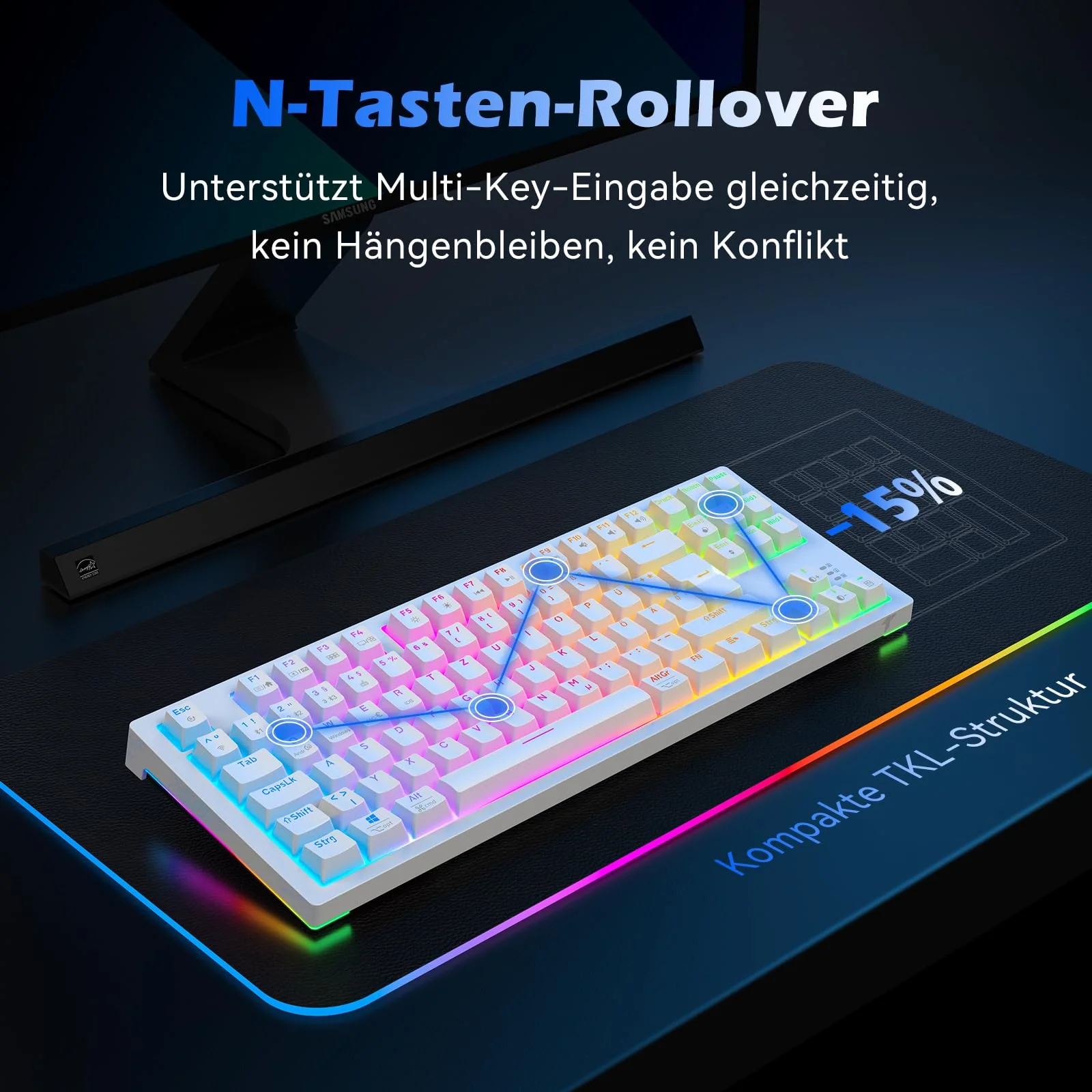 TECURS Mechanische Tastatur - Gaming Tastatur Kabellos Programmierbare 80% TKL QWERTZ mit Rote Schalter, RGB-Beleuchtung, Multimedia-Tasten, Mechanical Keyboard für PC/PS4/PS5, Weiß - Image 4