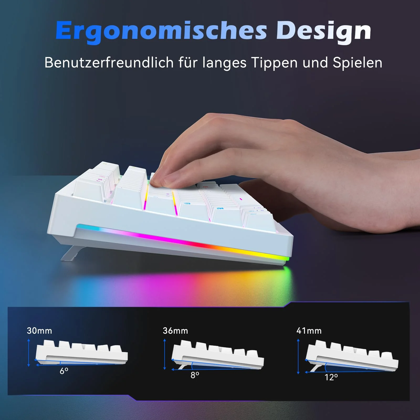 TECURS Mechanische Tastatur - Gaming Tastatur Kabellos Programmierbare 80% TKL QWERTZ mit Rote Schalter, RGB-Beleuchtung, Multimedia-Tasten, Mechanical Keyboard für PC/PS4/PS5, Weiß - Image 5