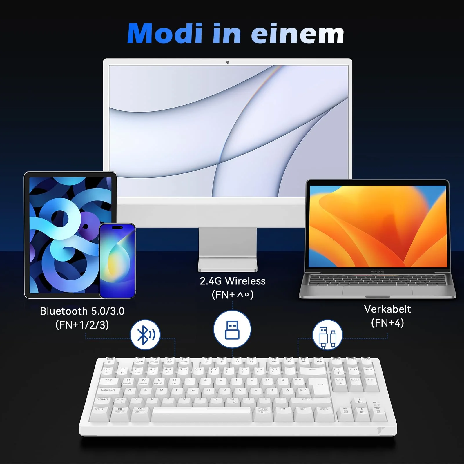 TECURS Mechanische Tastatur - Gaming Tastatur Kabellos Programmierbare 80% TKL QWERTZ mit Rote Schalter, RGB-Beleuchtung, Multimedia-Tasten, Mechanical Keyboard für PC/PS4/PS5, Weiß - Image 6