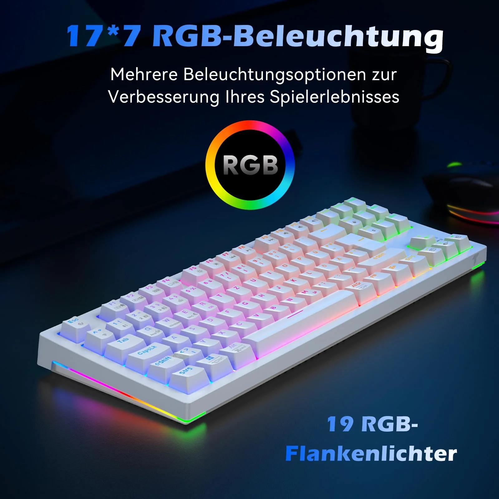 TECURS Mechanische Tastatur - Gaming Tastatur Kabellos Programmierbare 80% TKL QWERTZ mit Rote Schalter, RGB-Beleuchtung, Multimedia-Tasten, Mechanical Keyboard für PC/PS4/PS5, Weiß - Image 8