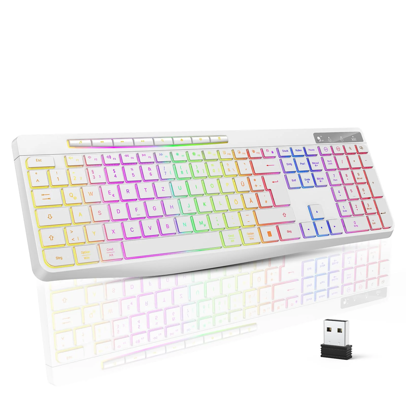 TECURS Tastatur Kabellos Gaming – Leise Tastatur QWERTZ Beleuchtete Ergonomische wasserdichte 2,4 GHz LED-Tastatur für Windows/Mac/PS4/Xbox mit Multimedia-Tasten Weiß - Image 6