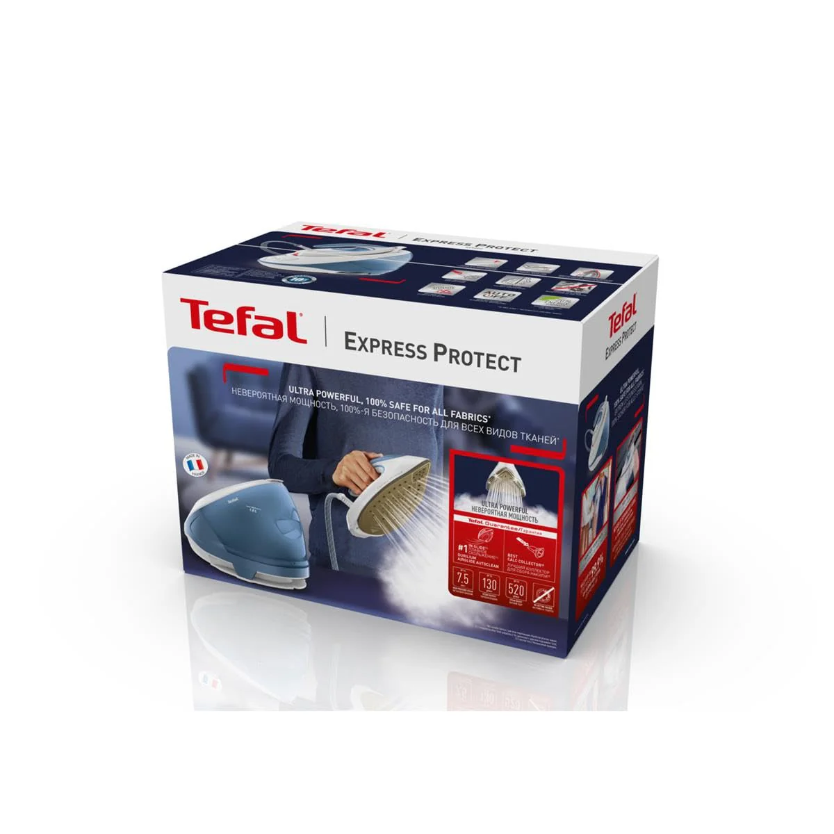 Tefal Dampfbügelstation Express Protect SV9202|7,5 bar|Dampfstoß:520 g/Min.|Dauerdampfmenge:130 g/Min.|Anti-Kalk-Kollektor|Durilium AirGlide Autoclean-Bügelsohle|2600w|1.8L|39.8x24.3x29.4cm|Weiß/Blau - Image 2