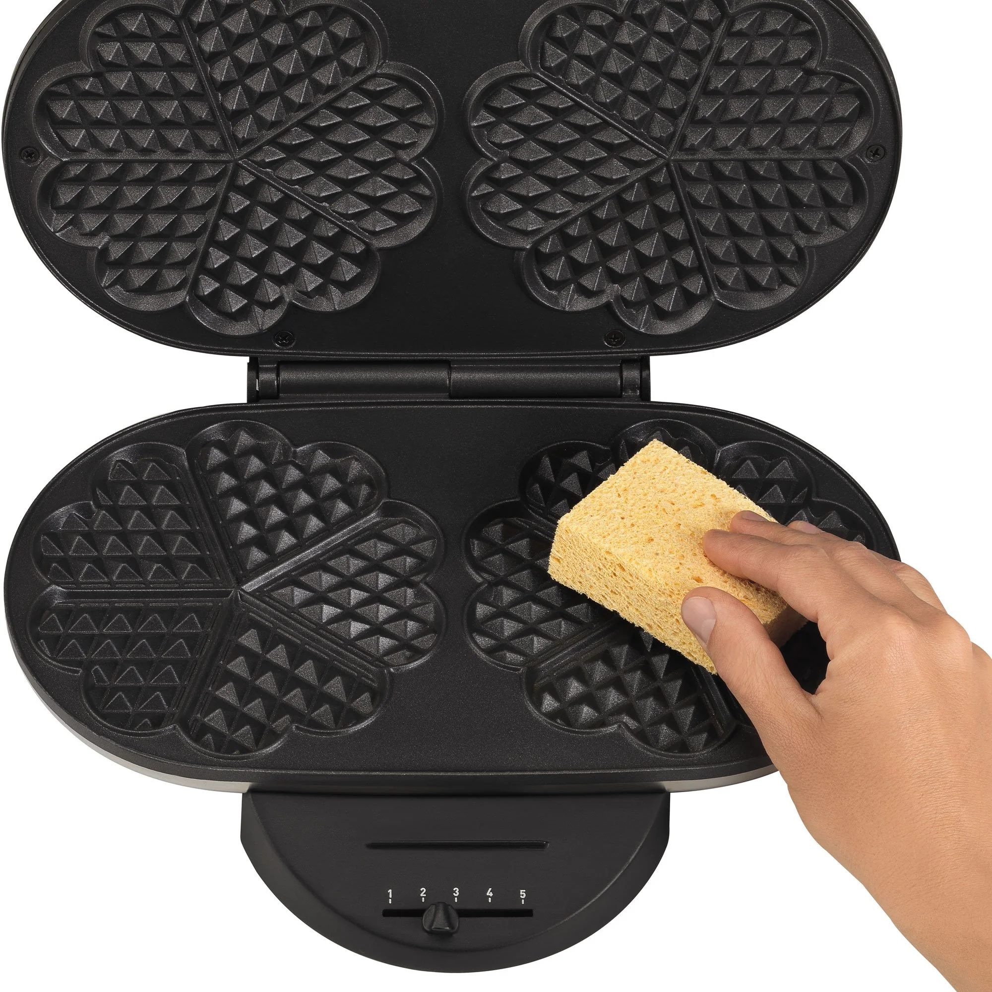 Tefal Doppel-Herzwaffeleisen WM311D, Stufenloser Temperaturregler für Bräunung nach Wunsch, Antihaftbeschichtete Platten, Teigauffang-Vorrichtung, 1200W, 37 x 11.4 x 28.5 cm