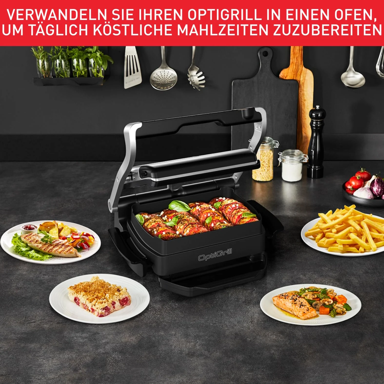 Tefal OptiGrill & Bake Kontaktgrill mit Backschale, 6 Programme, Garstufenanzeige, Abnehmbare Platten, Elektrogrill, Edelstahl, GC714D10, Silber - Image 7