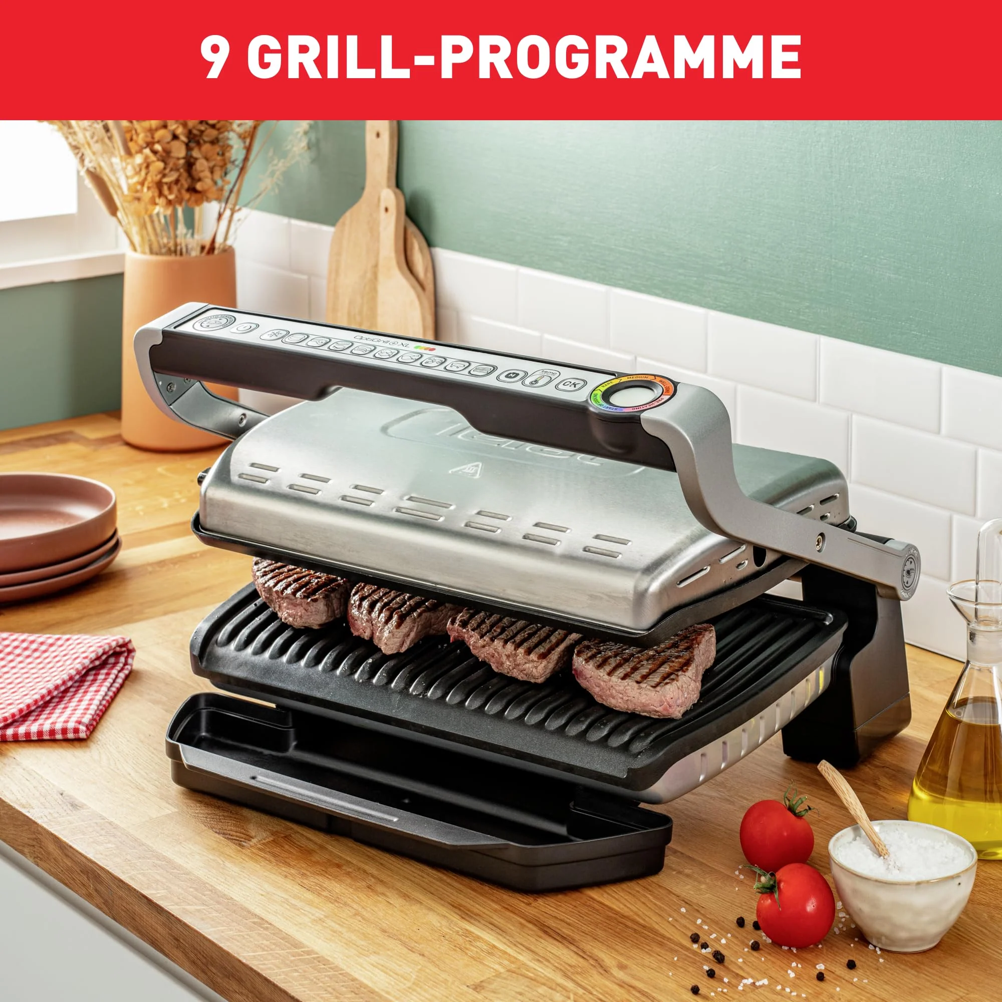 Tefal OptiGrill+ XL Kontaktgrill, 9 Programme, Garstufenanzeige, Abnehmbare XL-Platten, Manueller Modus, Elektrogrill, Edelstahl, GC722D16 - Image 2