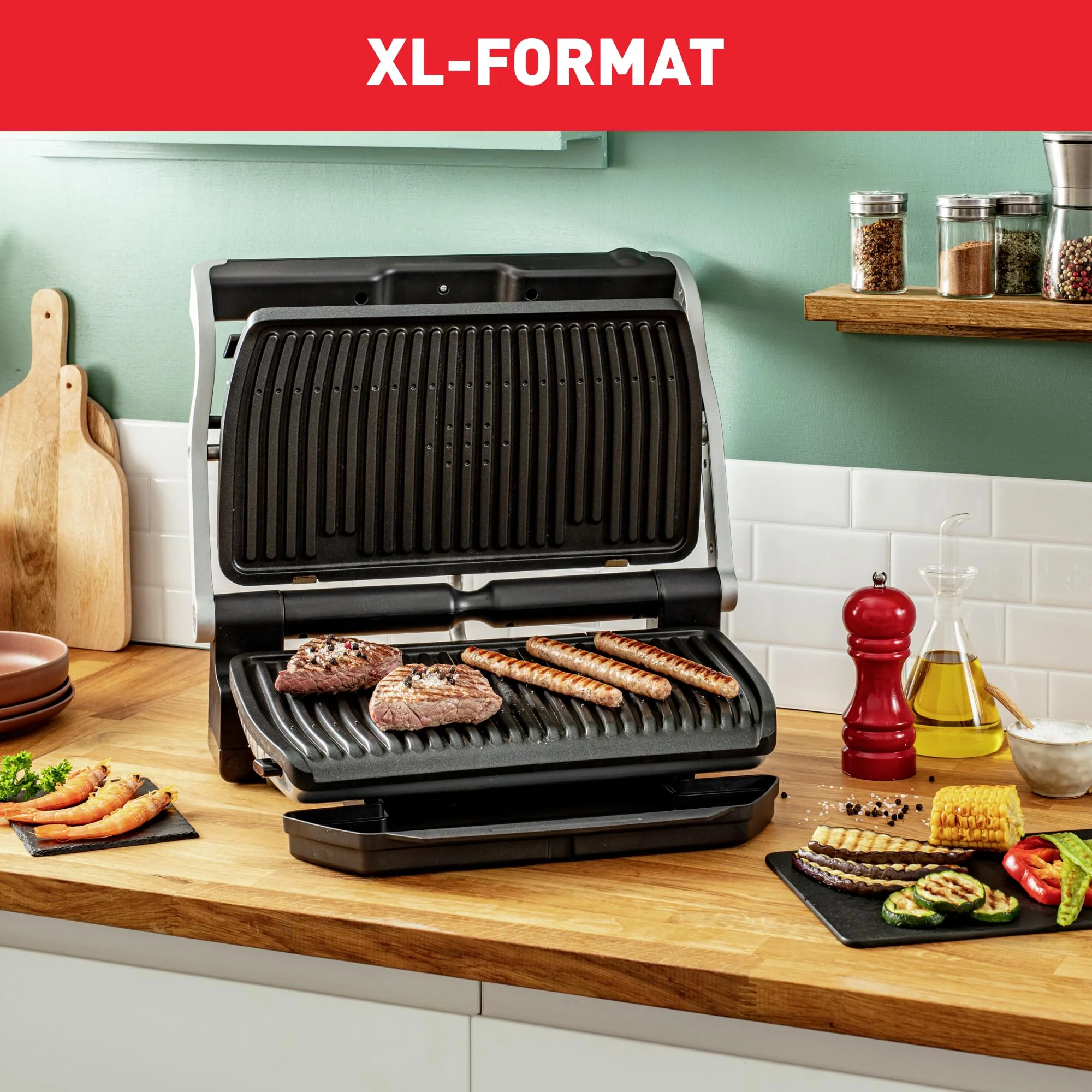 Tefal OptiGrill+ XL Kontaktgrill, 9 Programme, Garstufenanzeige, Abnehmbare XL-Platten, Manueller Modus, Elektrogrill, Edelstahl, GC722D16 - Image 6
