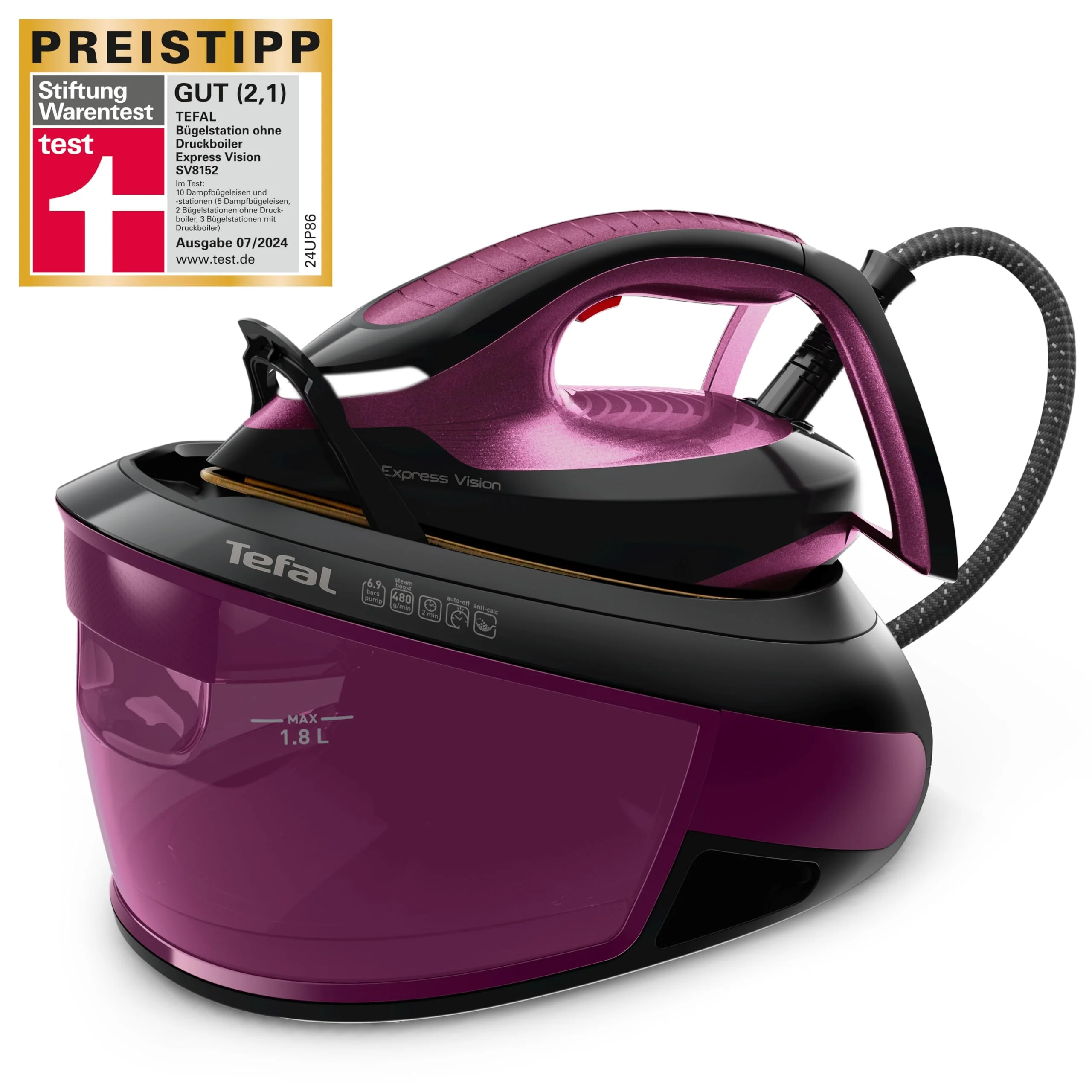 Tefal SV8152 EXPRESS VISION, LED Beleuchtung, leistungsstarker 6,9-Bar-Druck, Dampfstoß: 480g/Min., Smart Temp-Technologie, abnehmbarer Kalk-Kollektor, Eco-Modus, 1,8 L Wassertank, Lila - Image 7