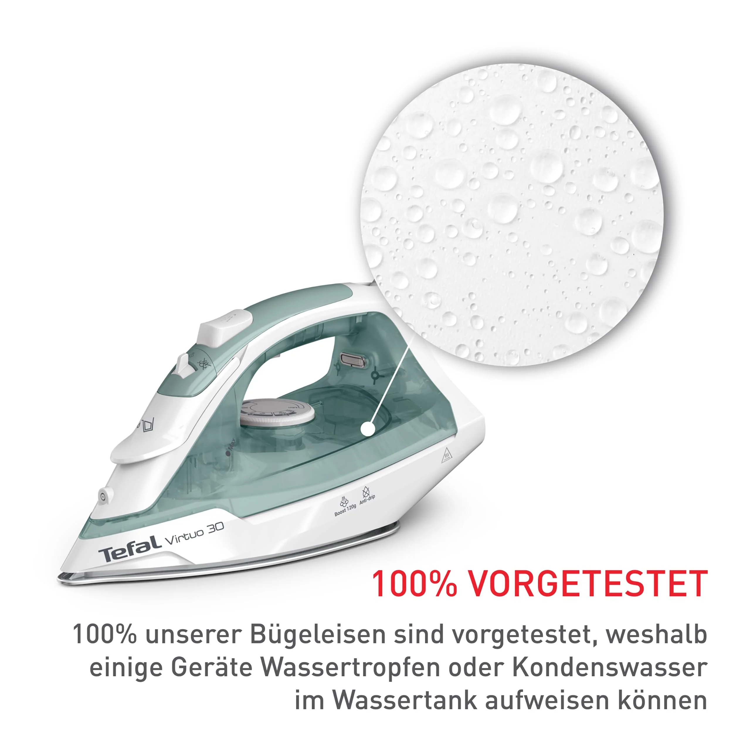 Tefal Virtuo 30 Dampfbügeleisen, 2000 W, 27 g/Min. Dampfabgabe, 120 g/Min. Dampfstoß, 30 Sek. Aufheizzeit, Vertikaldampf, Tropfstopp, Präzisionsbügelspitze, Eukalyptus, FV2C42E0 - Image 3